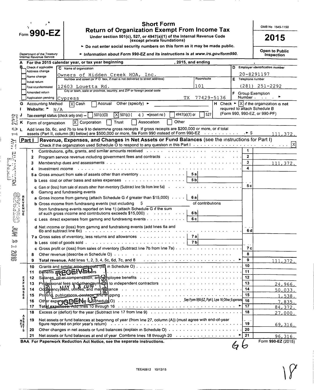 Image of first page of 2015 Form 990EO for Owners of Hidden Creek HOA