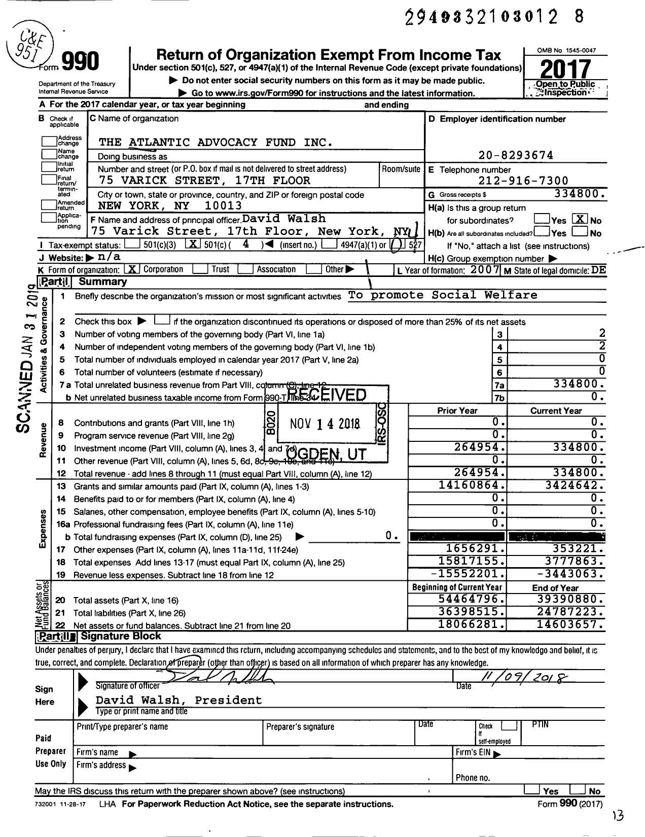 Image of first page of 2017 Form 990O for The Atlantic Advocacy Fund