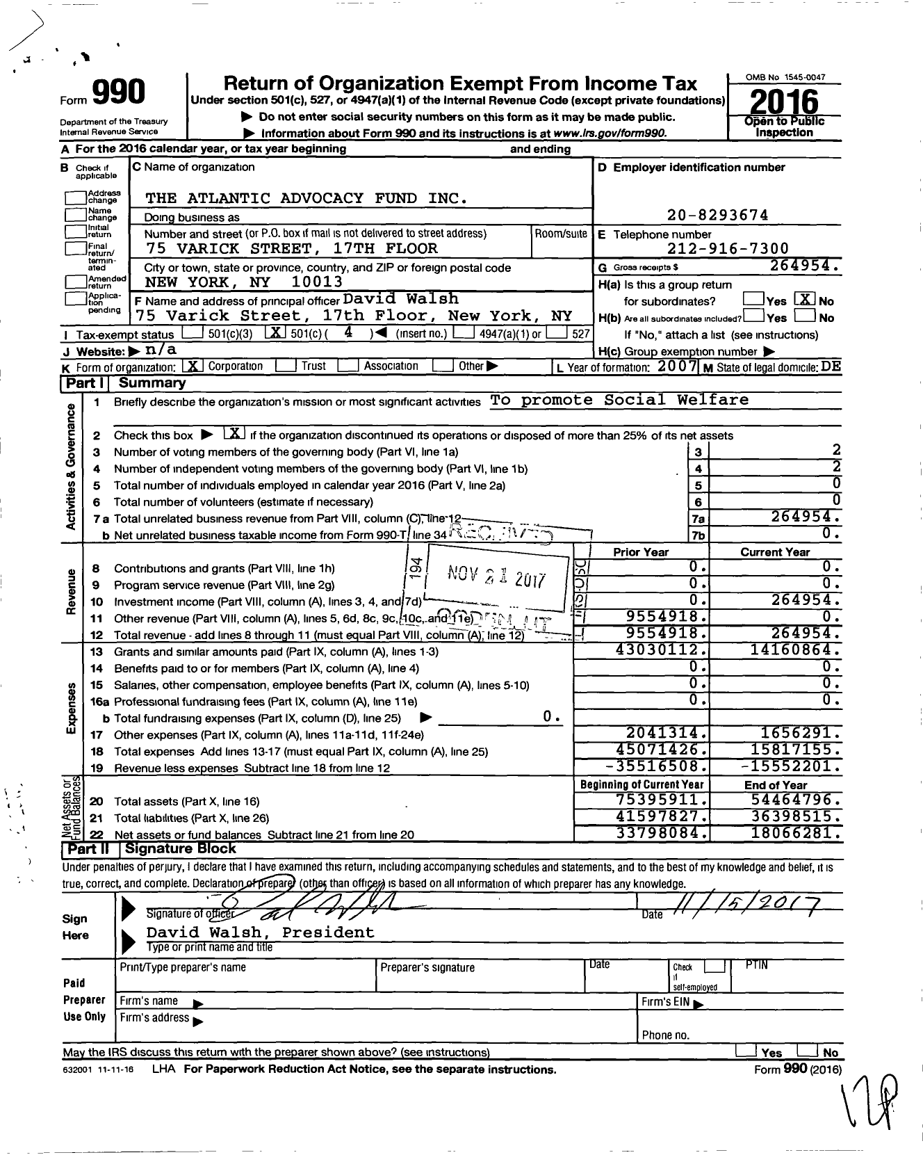 Image of first page of 2016 Form 990O for The Atlantic Advocacy Fund