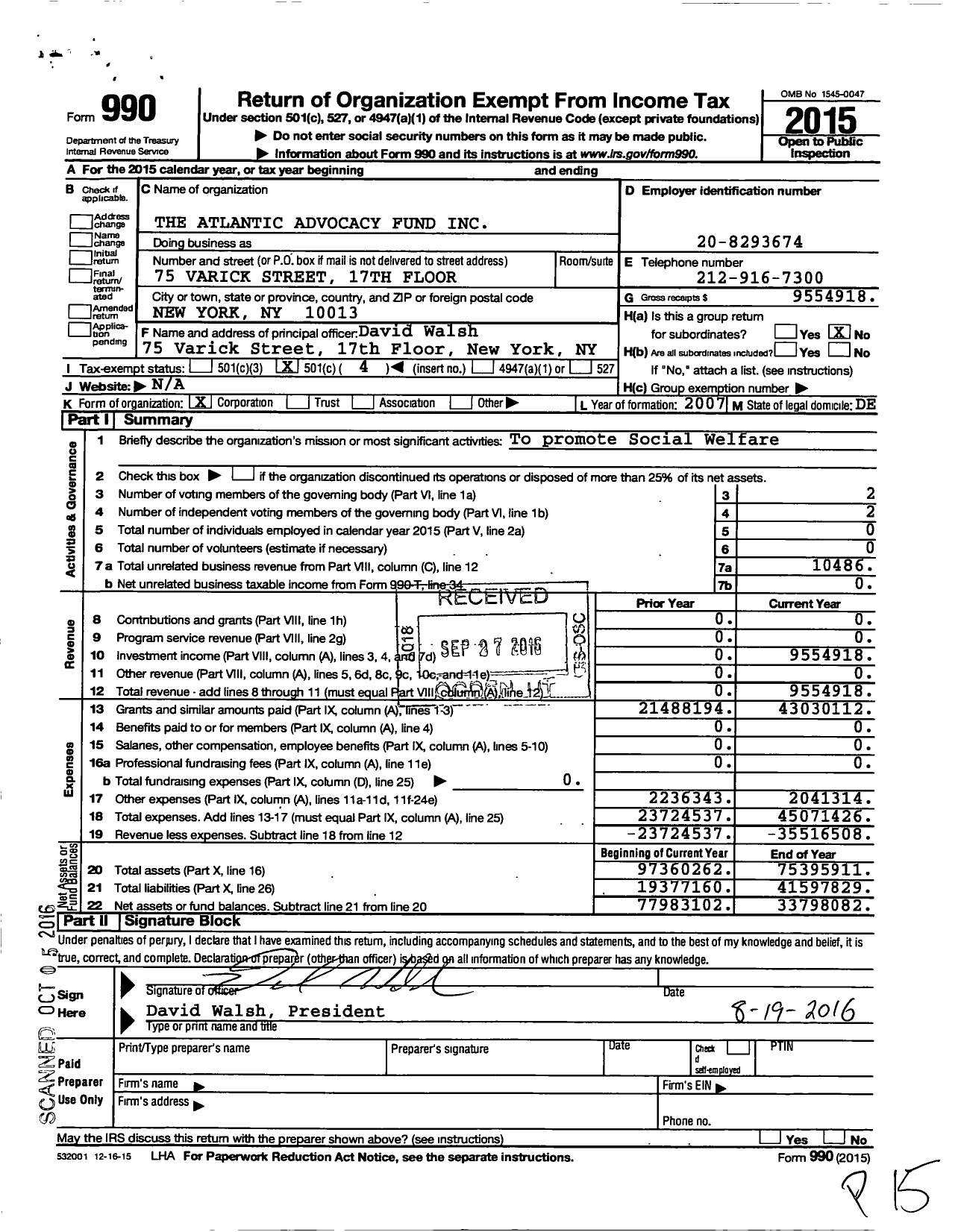 Image of first page of 2015 Form 990O for The Atlantic Advocacy Fund