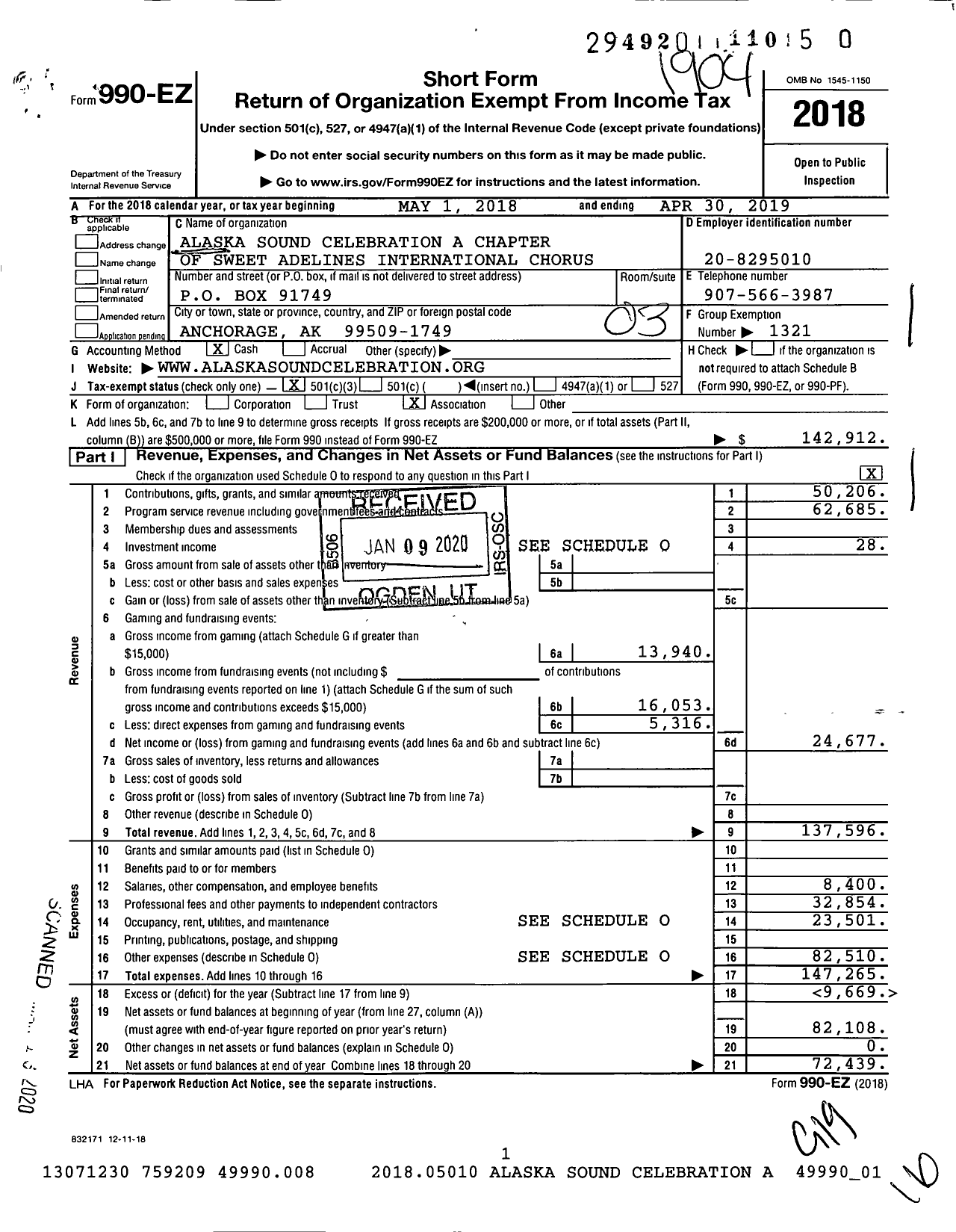 Image of first page of 2018 Form 990EZ for Sweet Adelines International - Alaska Sound Celebration Chapter