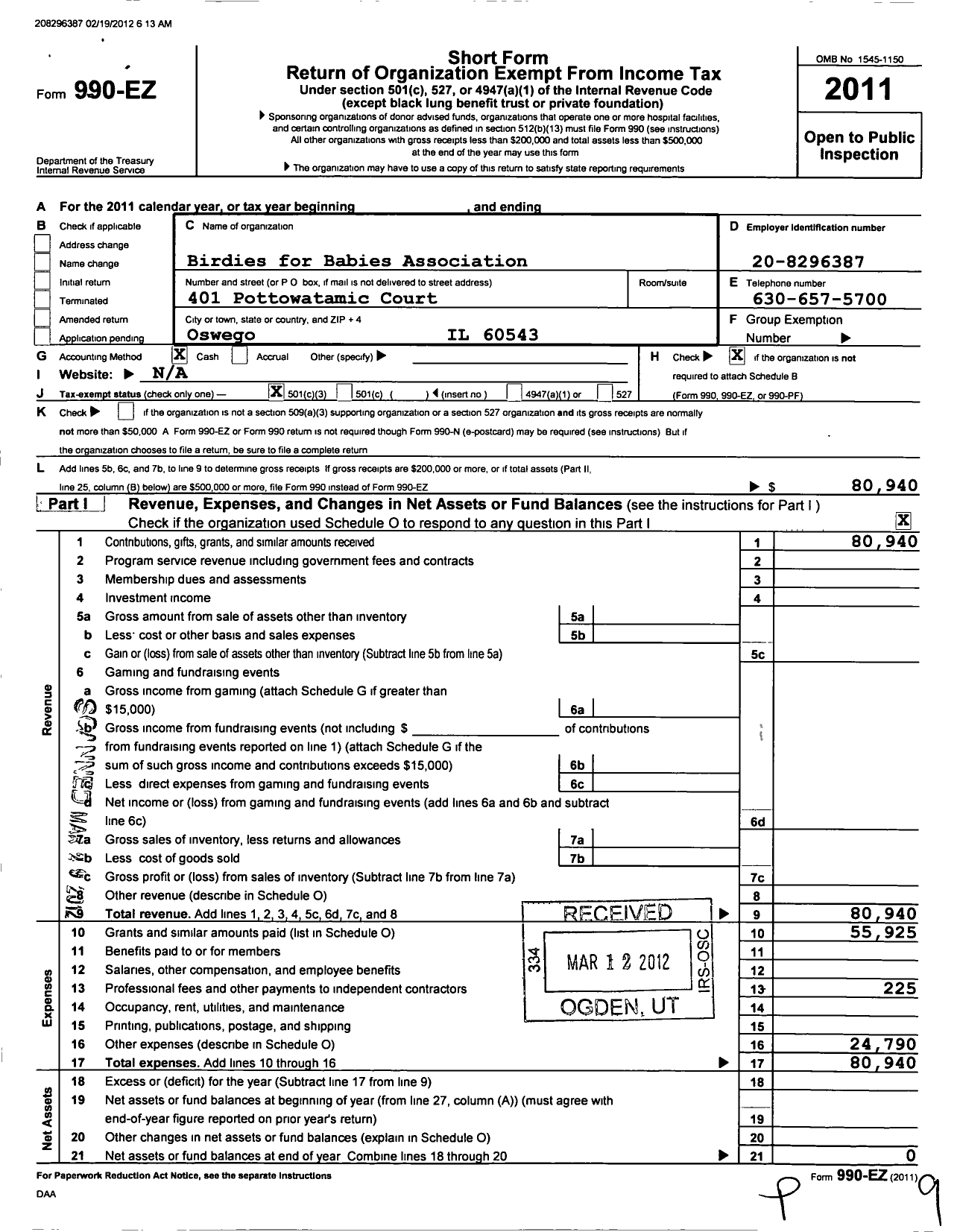 Image of first page of 2011 Form 990EZ for Birdies for Babies Association