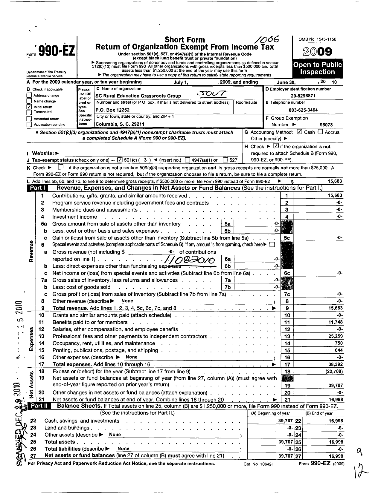 Image of first page of 2009 Form 990EZ for South Carolina Rural Education Grassroots Group