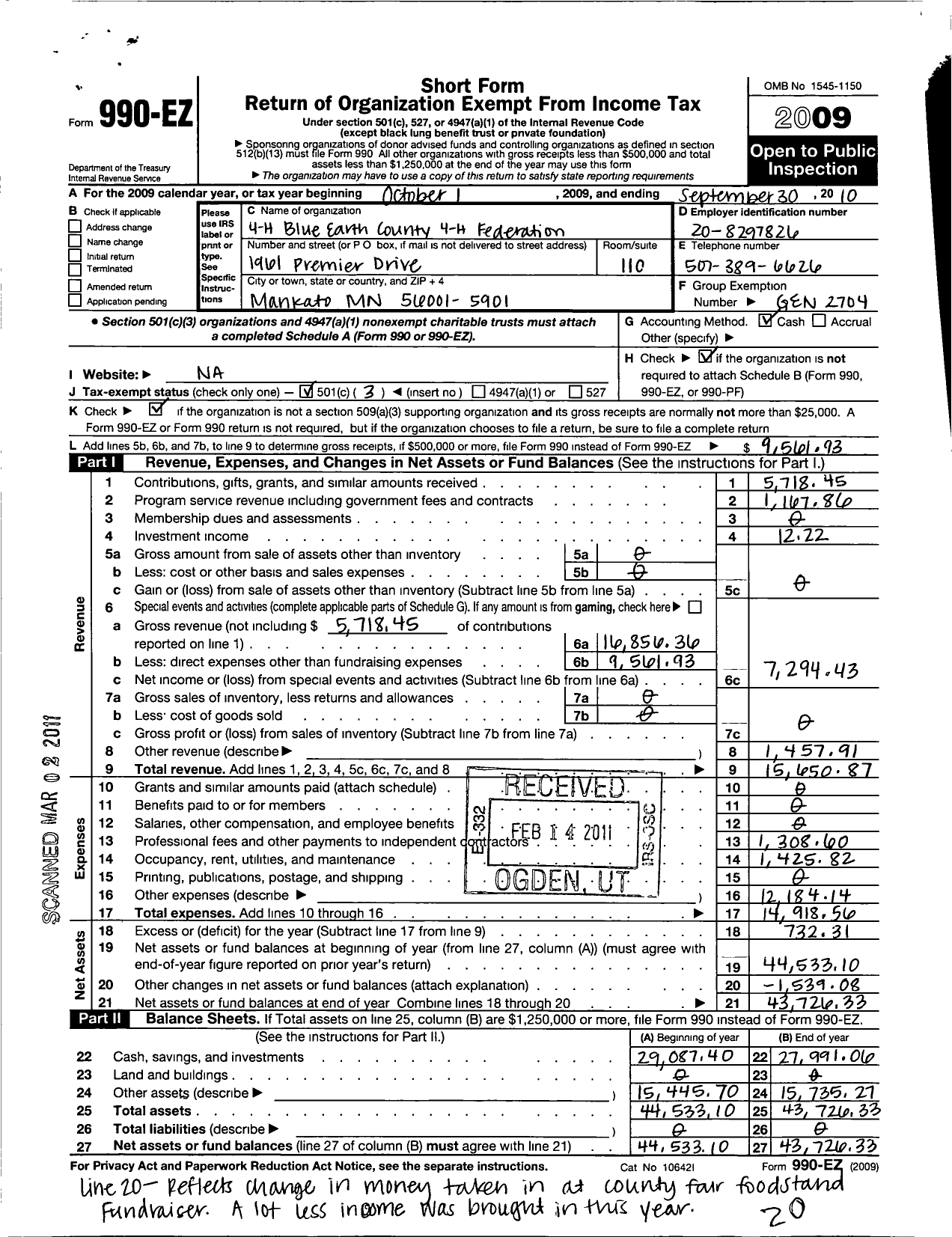 Image of first page of 2009 Form 990EZ for Regents of the University of Minnesota / Blue Earth County 4-H Federation MN