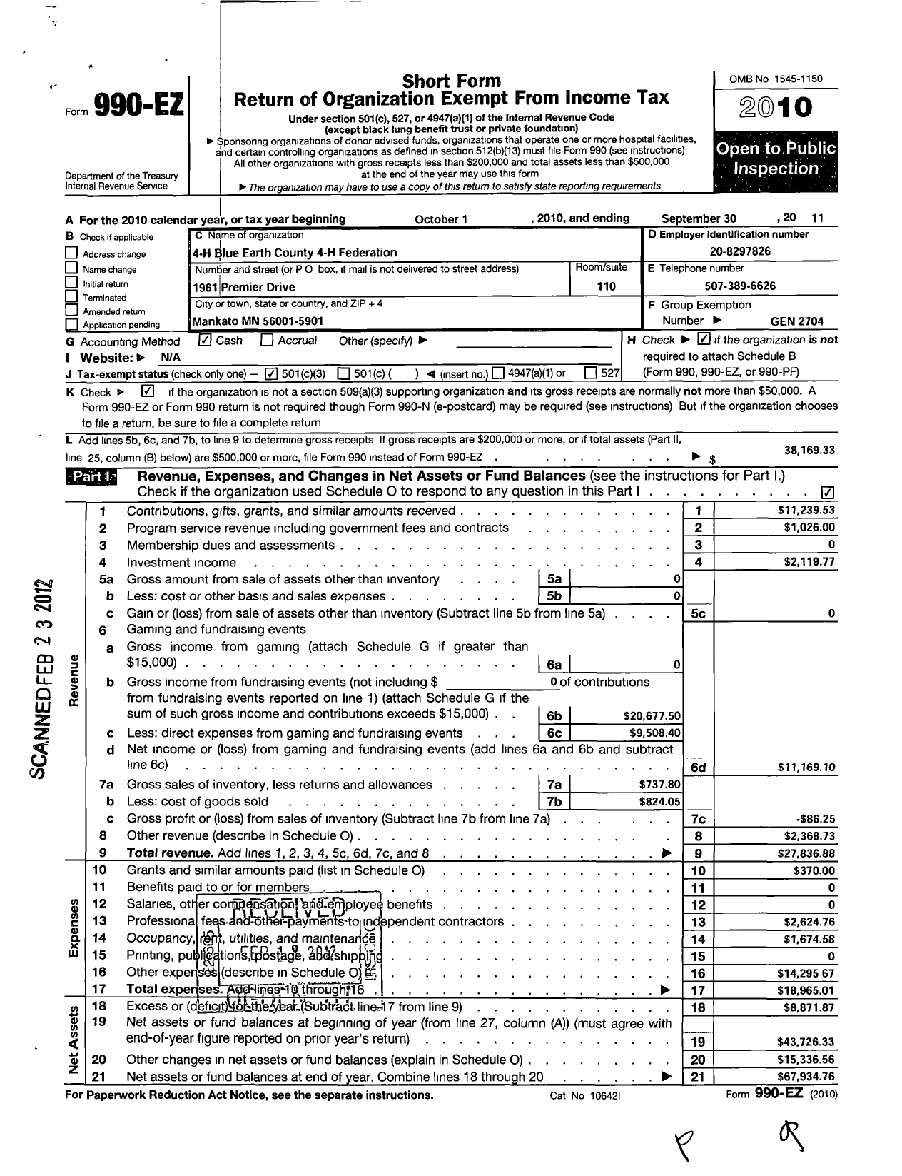 Image of first page of 2010 Form 990EZ for Regents of the University of Minnesota / Blue Earth County 4-H Federation MN