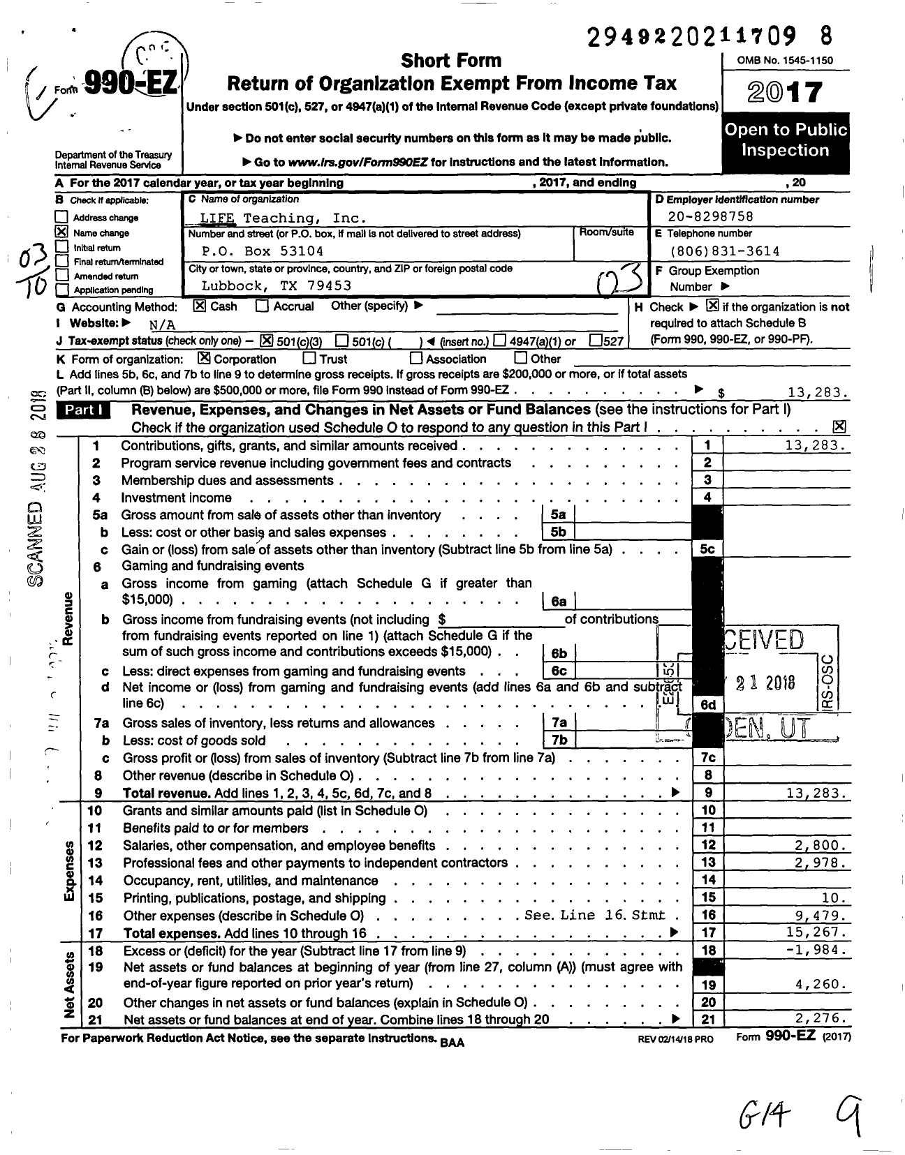 Image of first page of 2017 Form 990EZ for LIFE Teaching