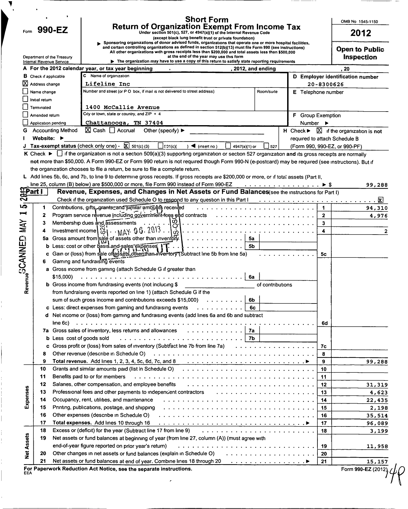 Image of first page of 2012 Form 990EZ for Lifeline