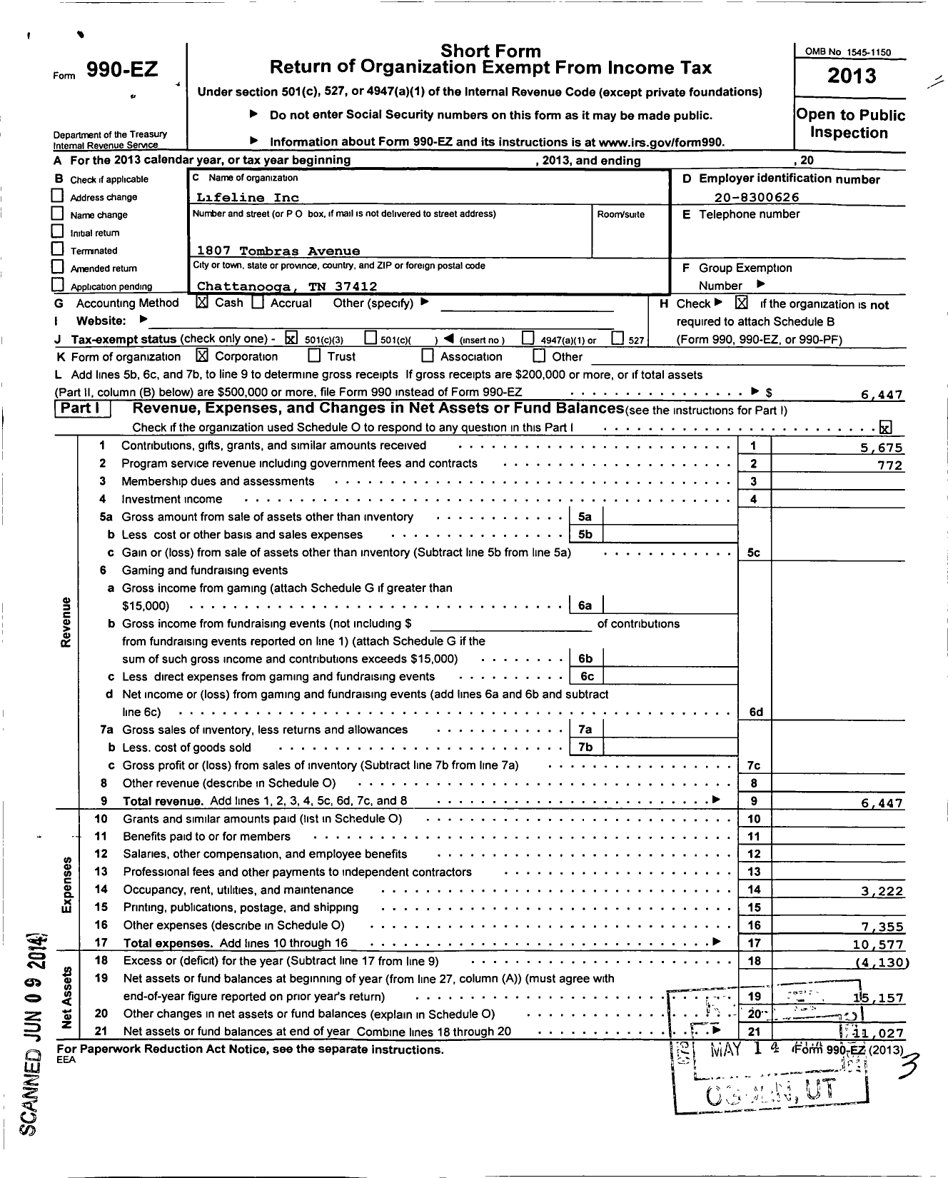 Image of first page of 2013 Form 990EZ for Lifeline