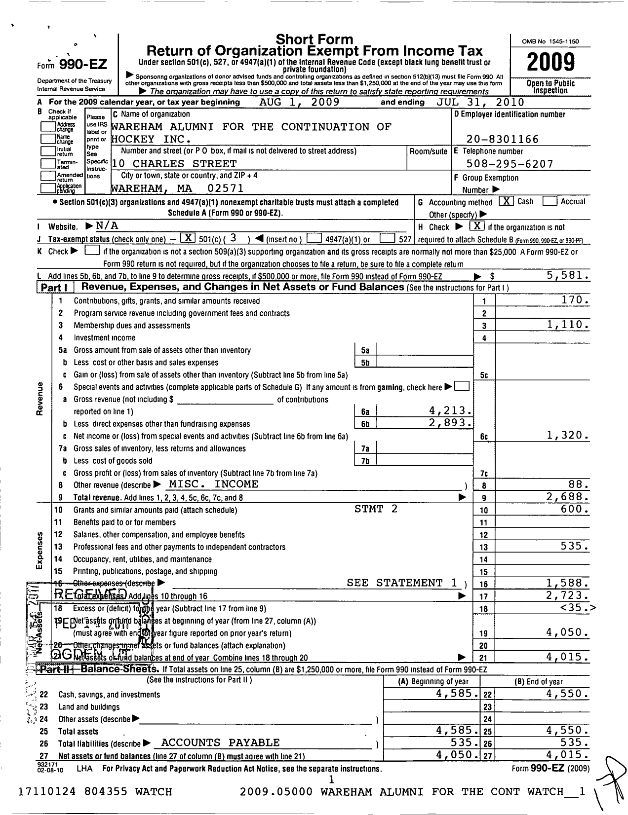 Image of first page of 2009 Form 990EZ for Wareham Alumni for the Continuationof Hockey (WATCH)