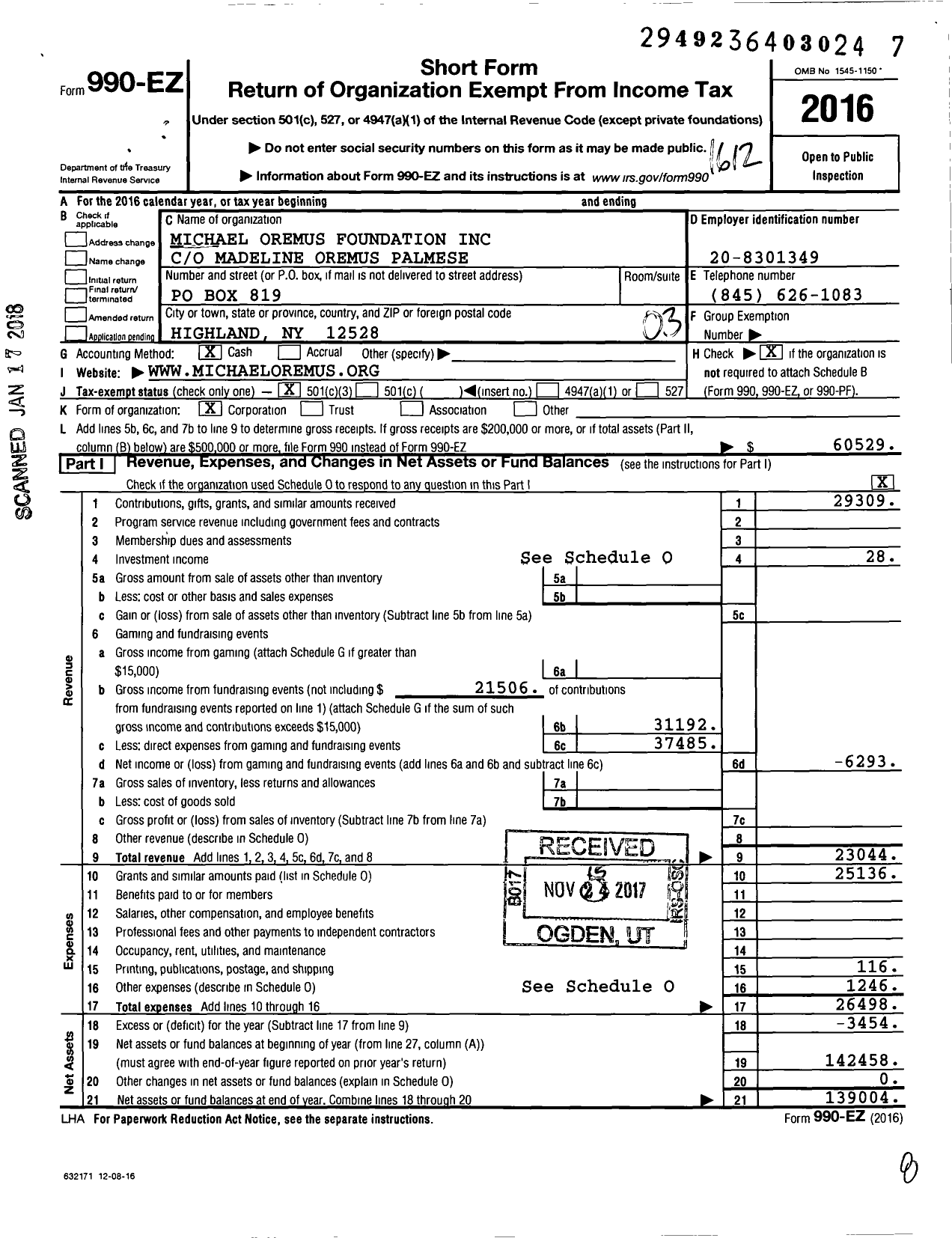 Image of first page of 2016 Form 990EZ for Michael Oremus Foundation