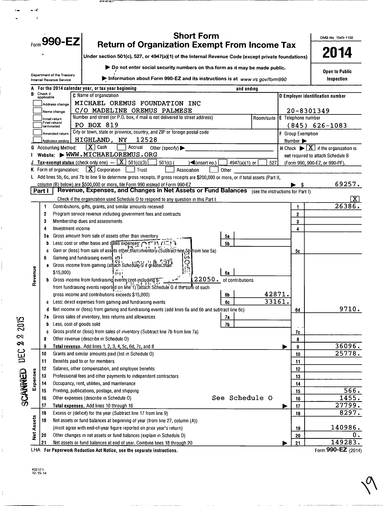 Image of first page of 2014 Form 990EZ for Michael Oremus Foundation