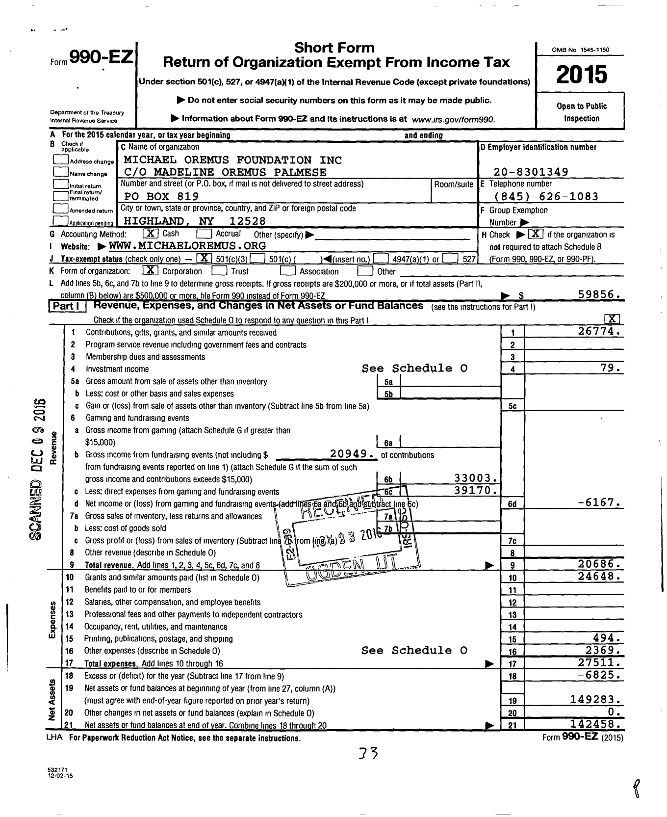 Image of first page of 2015 Form 990EZ for Michael Oremus Foundation