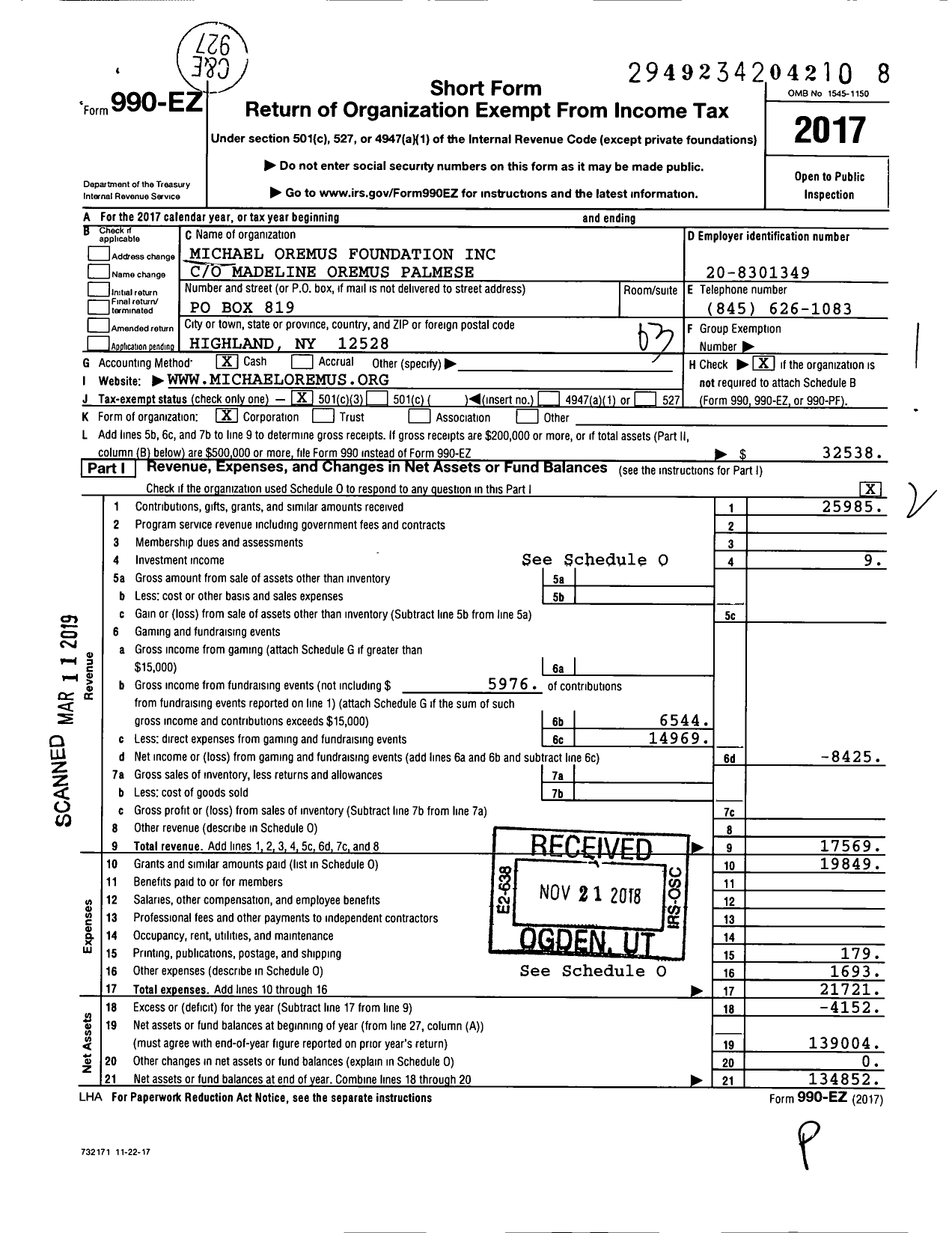 Image of first page of 2017 Form 990EZ for Michael Oremus Foundation