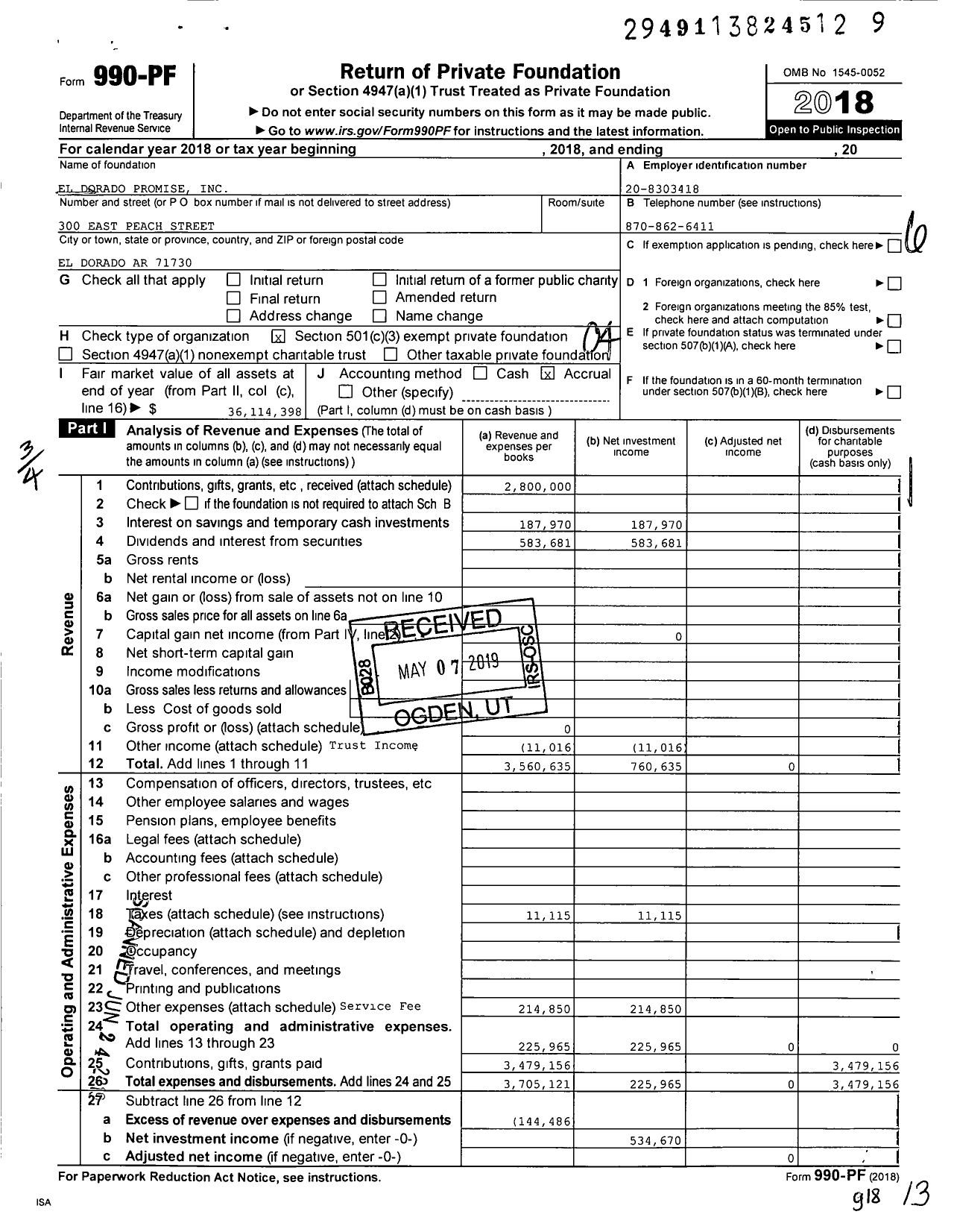 Image of first page of 2018 Form 990PF for El Dorado Promise