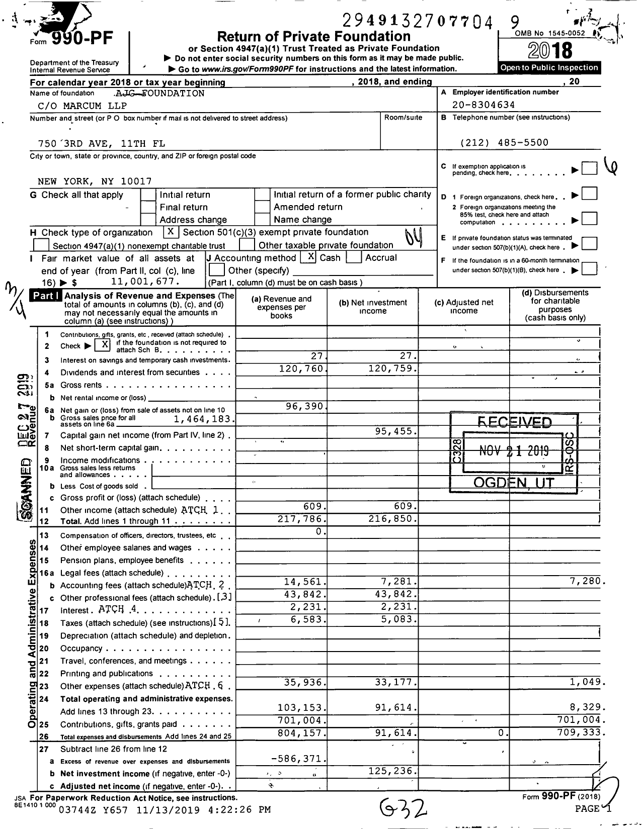 Image of first page of 2018 Form 990PF for Ajg Foundation