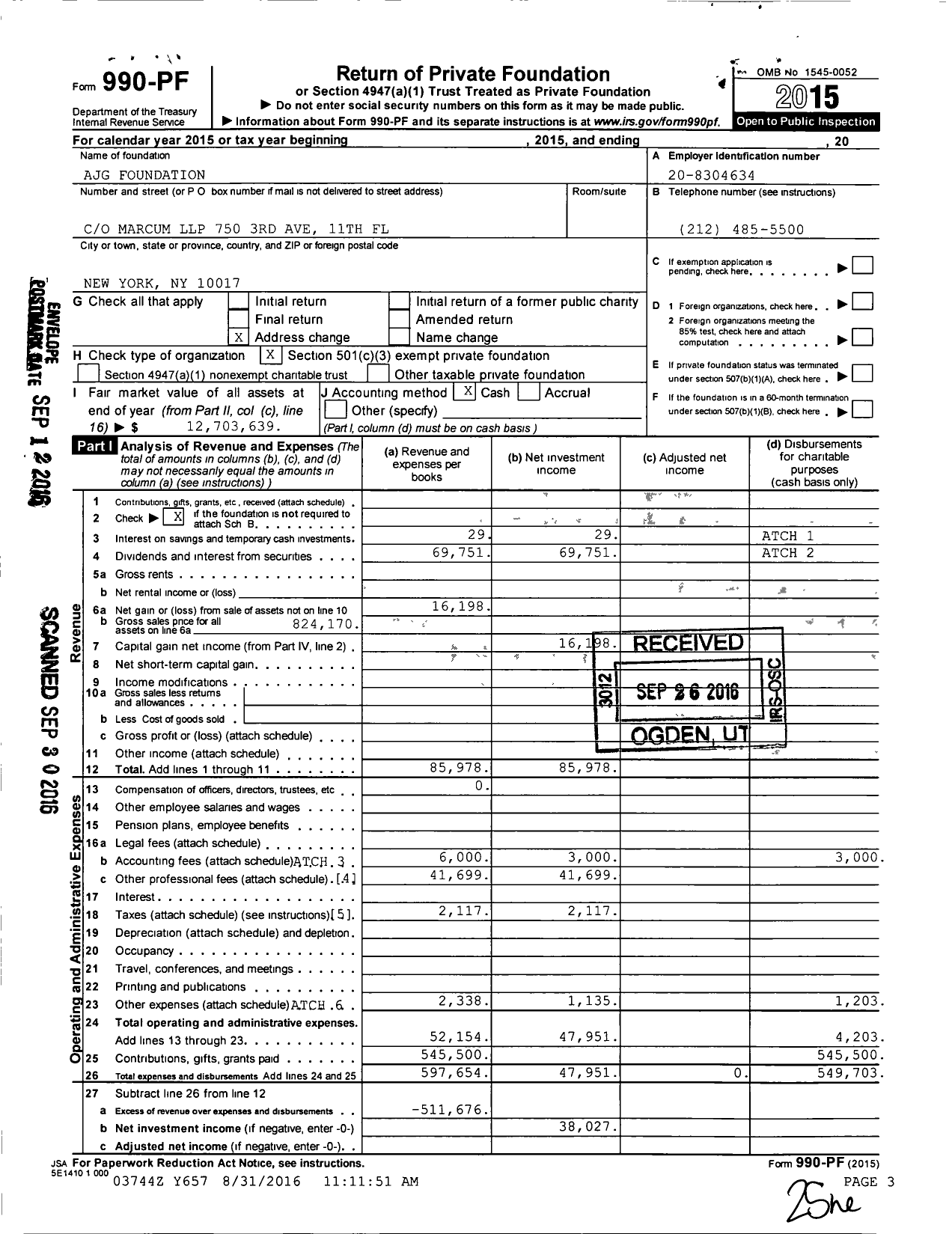 Image of first page of 2015 Form 990PF for Ajg Foundation