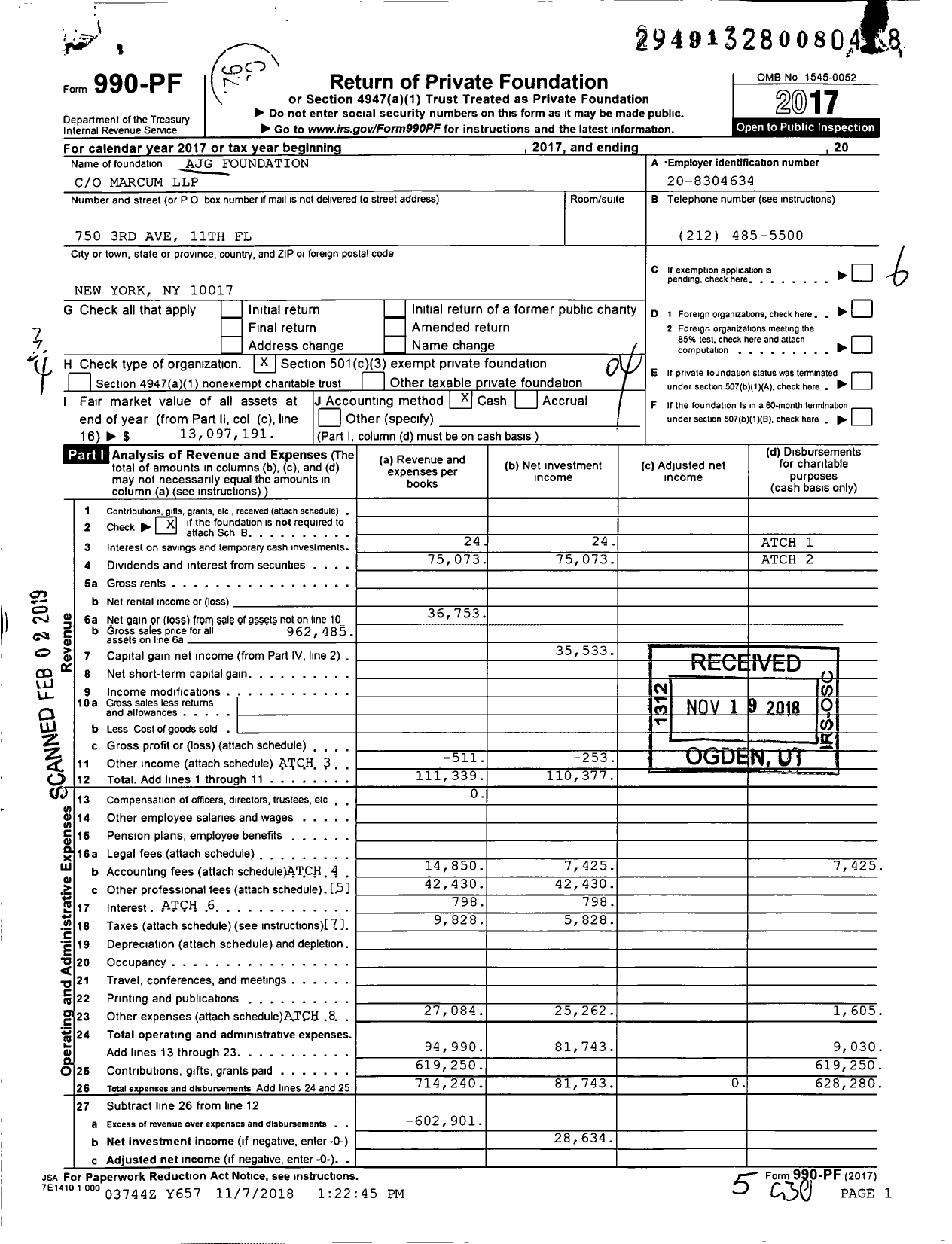 Image of first page of 2017 Form 990PF for Ajg Foundation