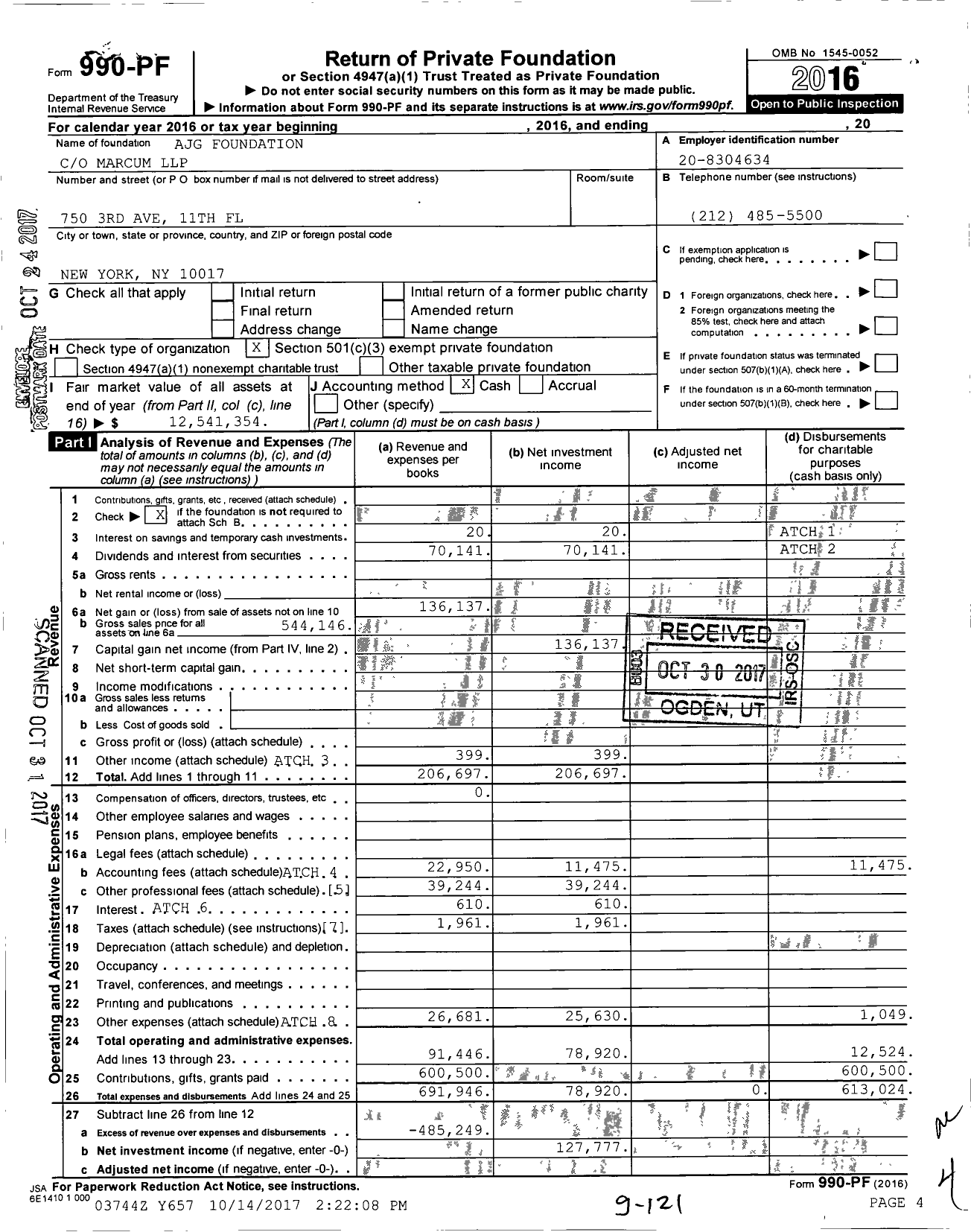 Image of first page of 2016 Form 990PF for Ajg Foundation