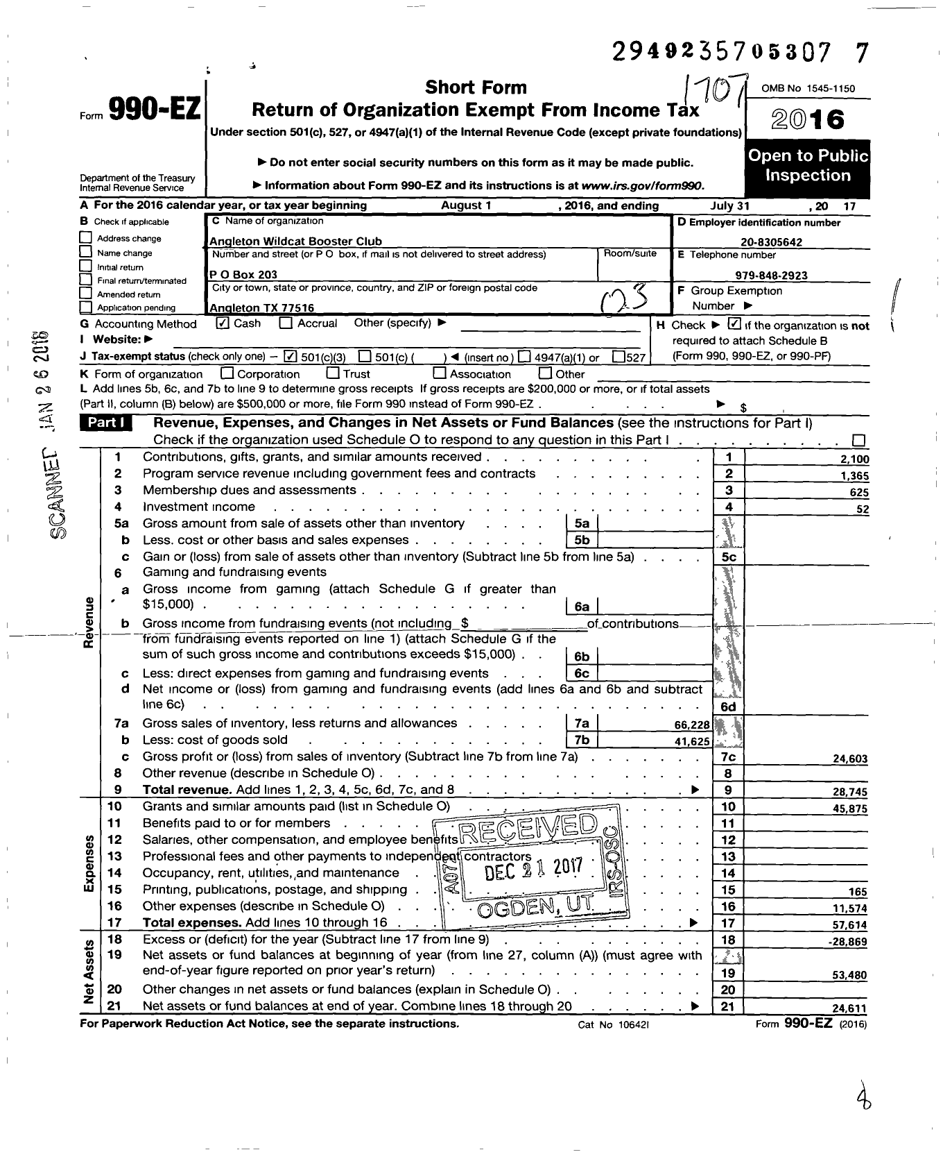 Image of first page of 2016 Form 990EZ for Angleton Wildcat Booster Club