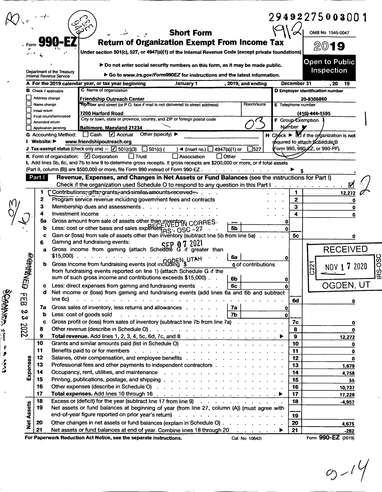 Image of first page of 2019 Form 990EZ for Friendship Outreach Center