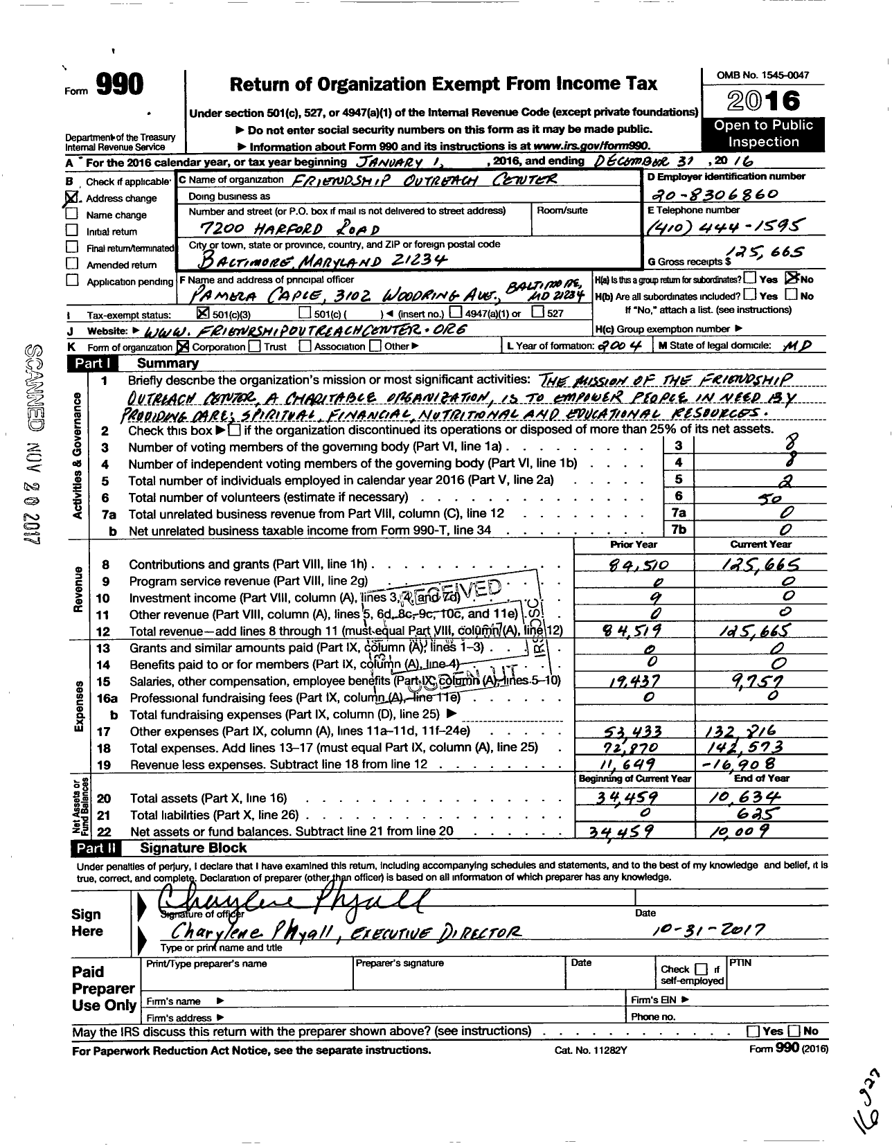 Image of first page of 2016 Form 990 for Friendship Outreach Center