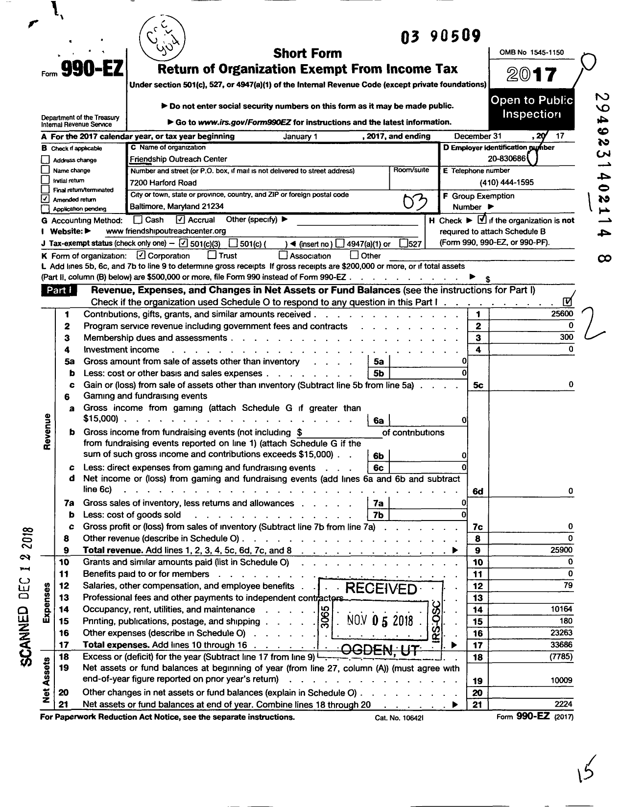 Image of first page of 2017 Form 990EZ for Friendship Outreach Center