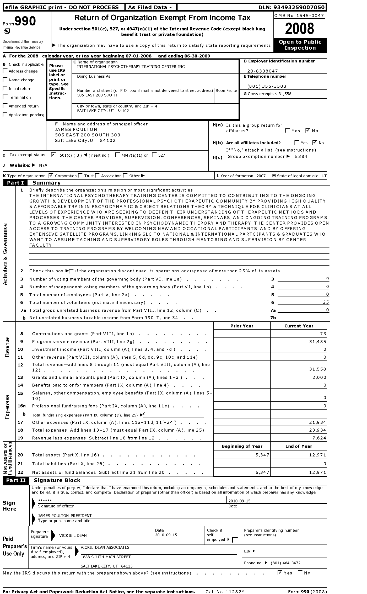 Image of first page of 2008 Form 990 for Internationa Psychotherapy Institute