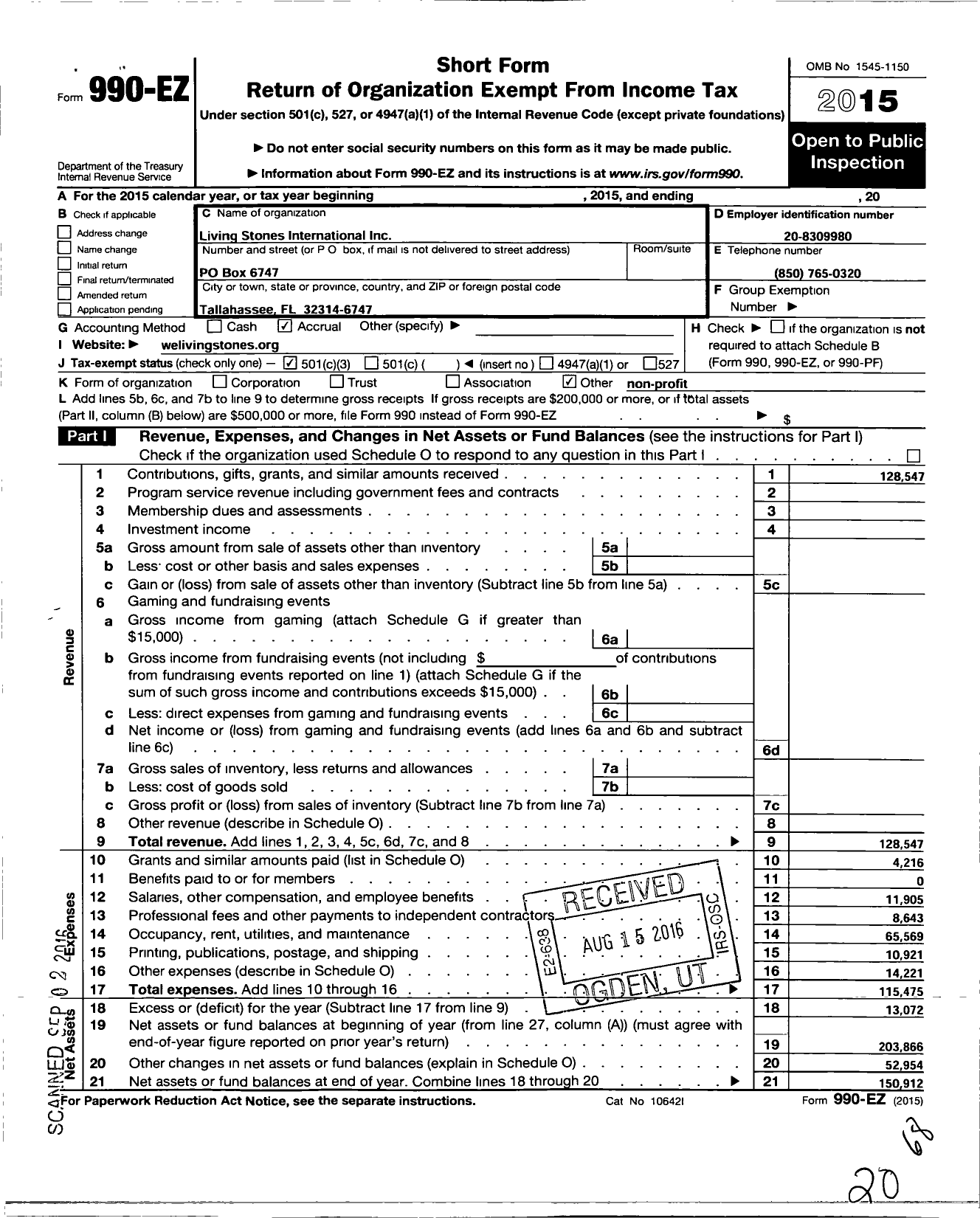 Image of first page of 2015 Form 990EZ for Living Stones International