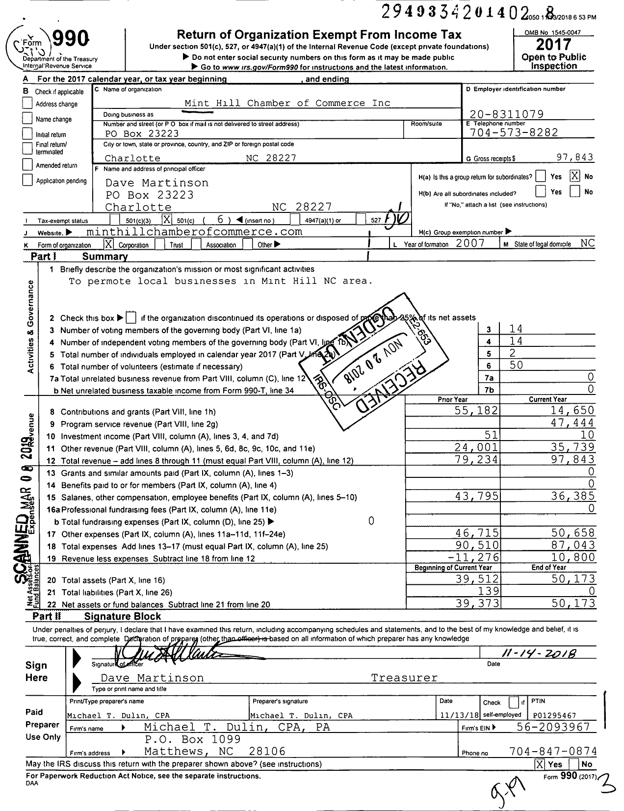 Image of first page of 2017 Form 990O for Mint Hill Chamber of Commerce