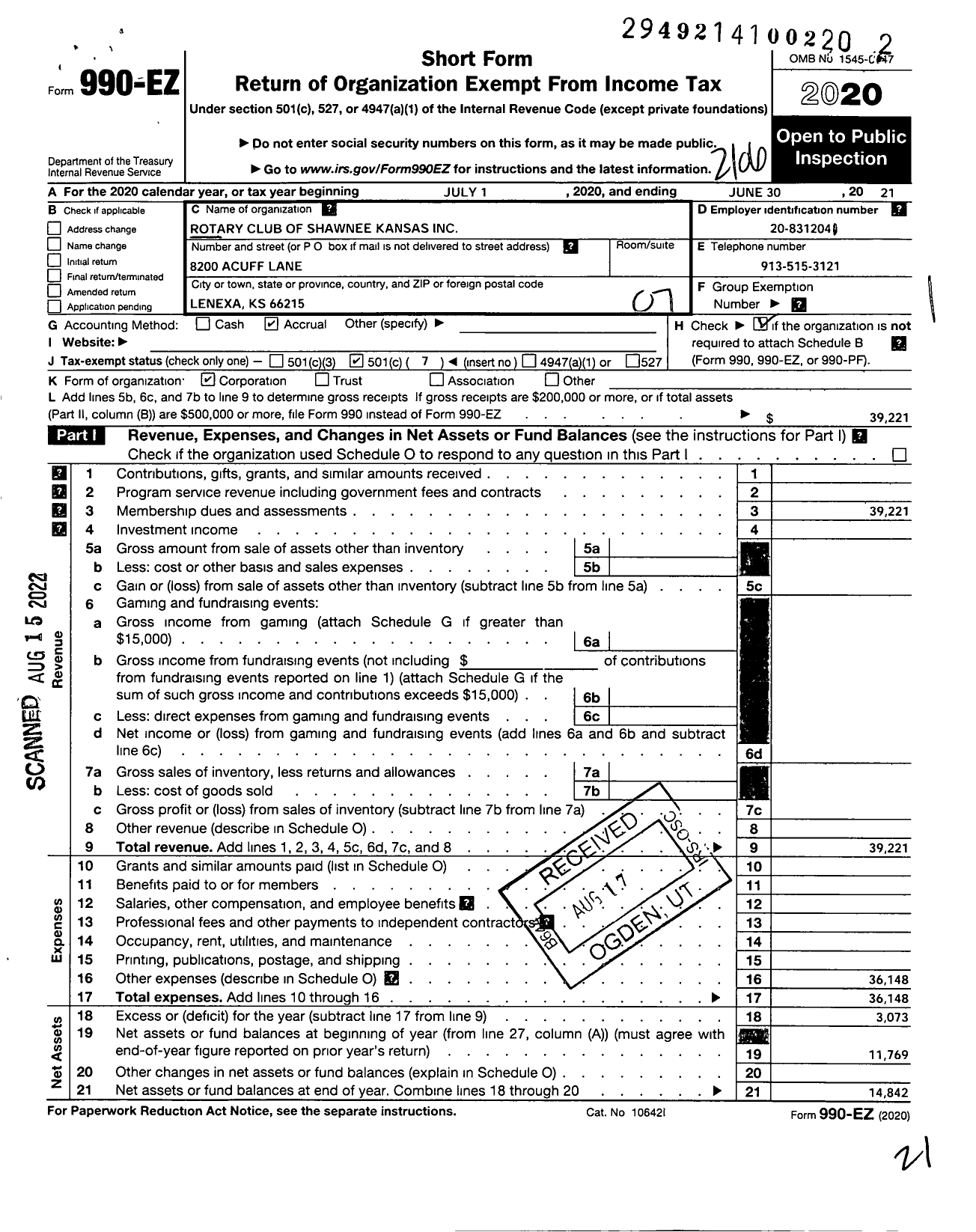 Image of first page of 2020 Form 990EO for Rotary Club of Shawnee Kansas