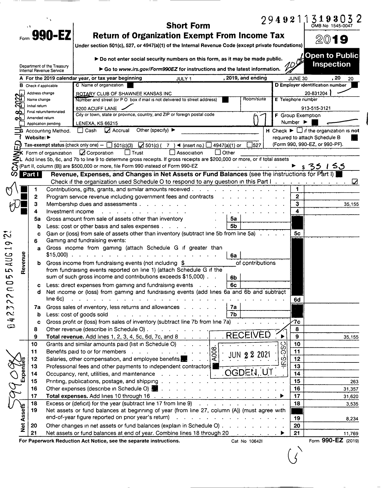 Image of first page of 2019 Form 990EO for Rotary Club of Shawnee Kansas