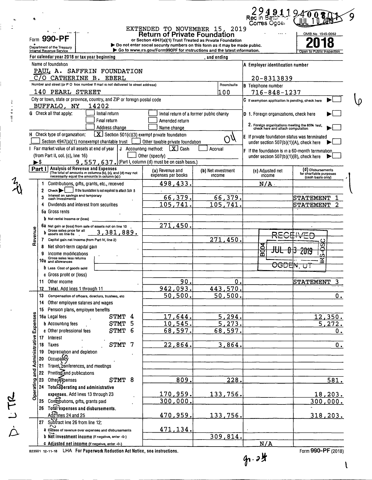 Image of first page of 2018 Form 990PF for Paul A Saffrin Foundation