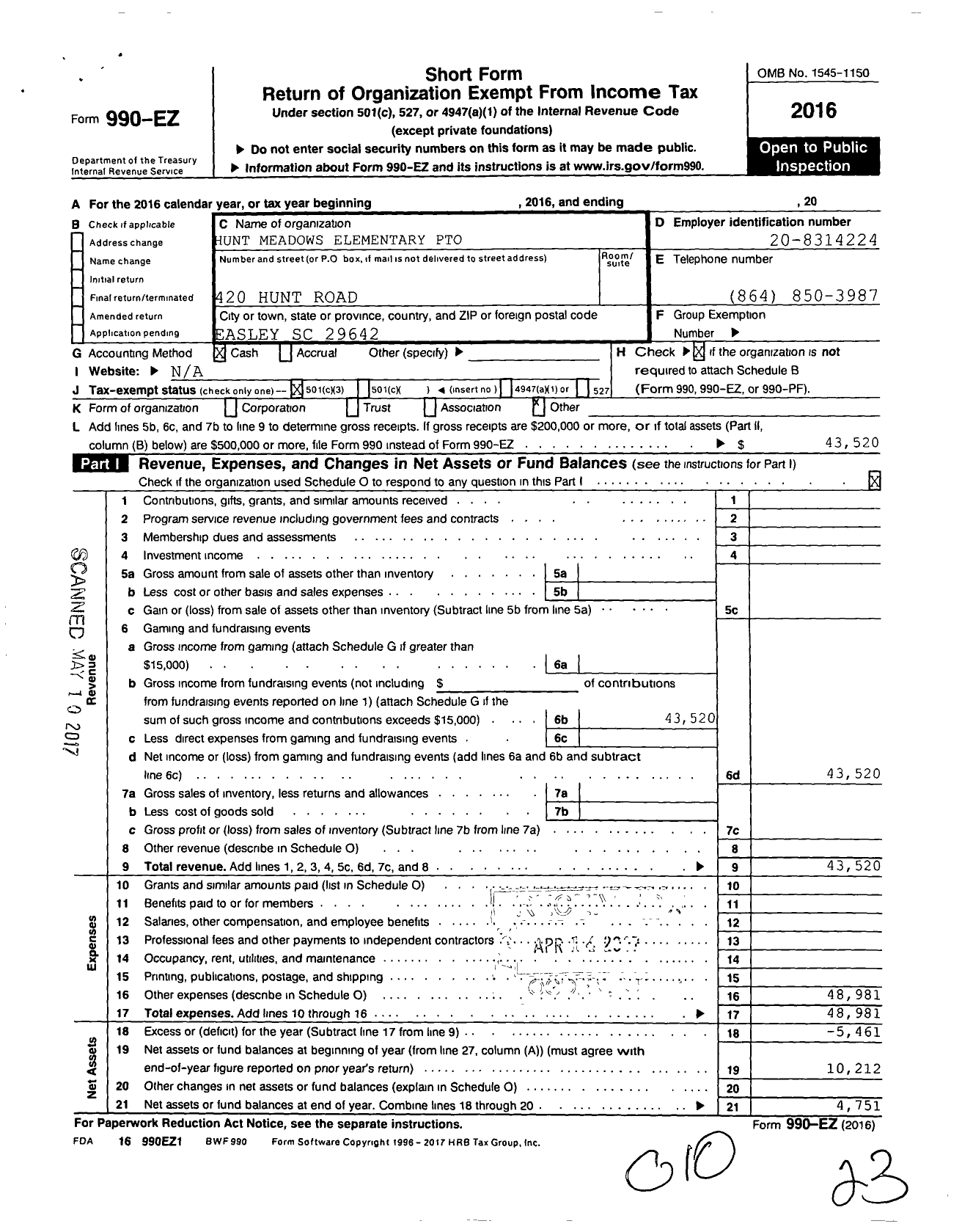 Image of first page of 2016 Form 990EZ for Hunt Meadows Pto