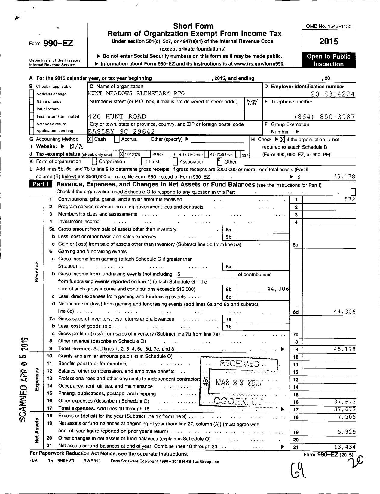 Image of first page of 2015 Form 990EZ for Hunt Meadows Pto
