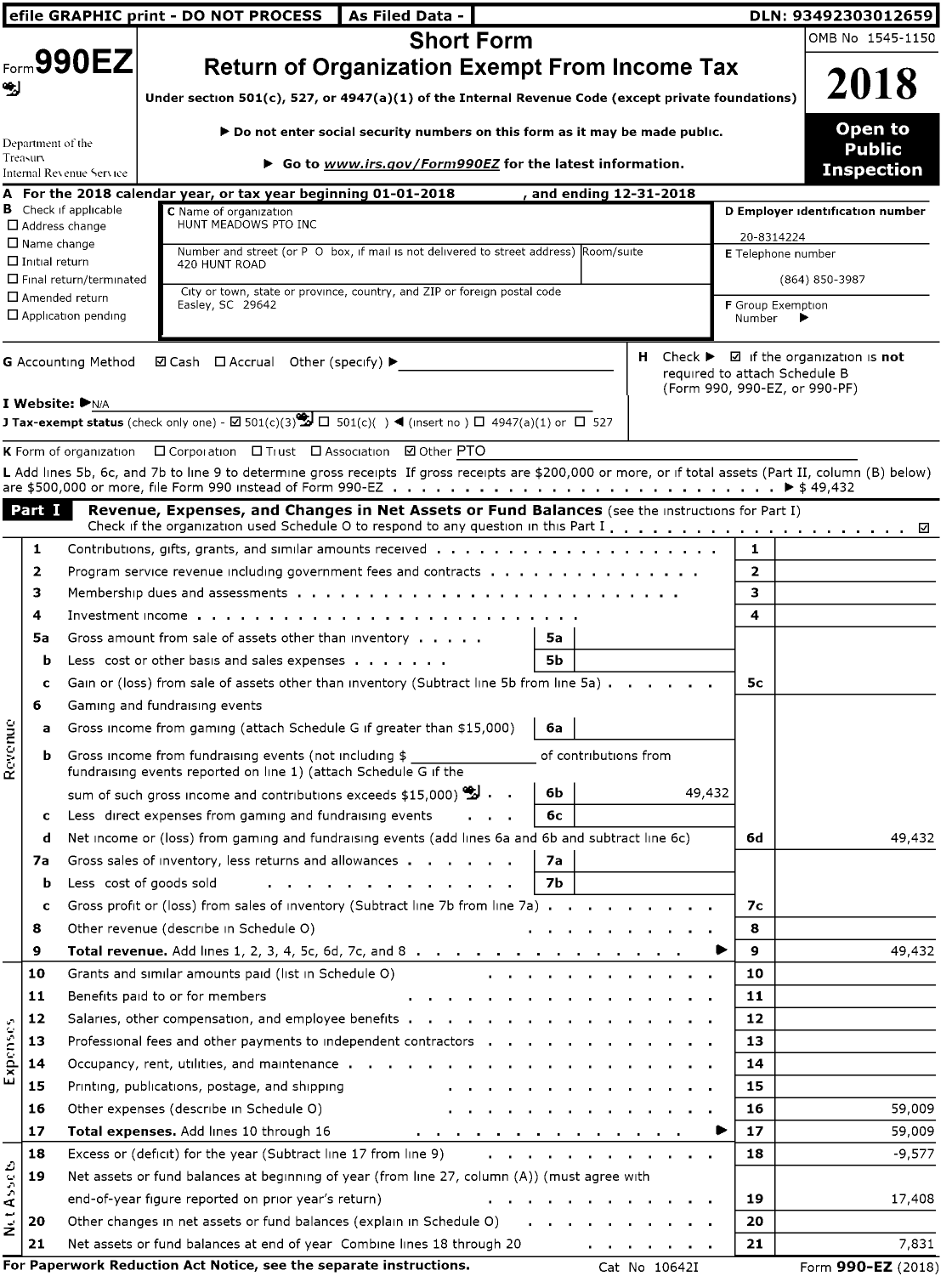 Image of first page of 2018 Form 990EZ for Hunt Meadows Pto