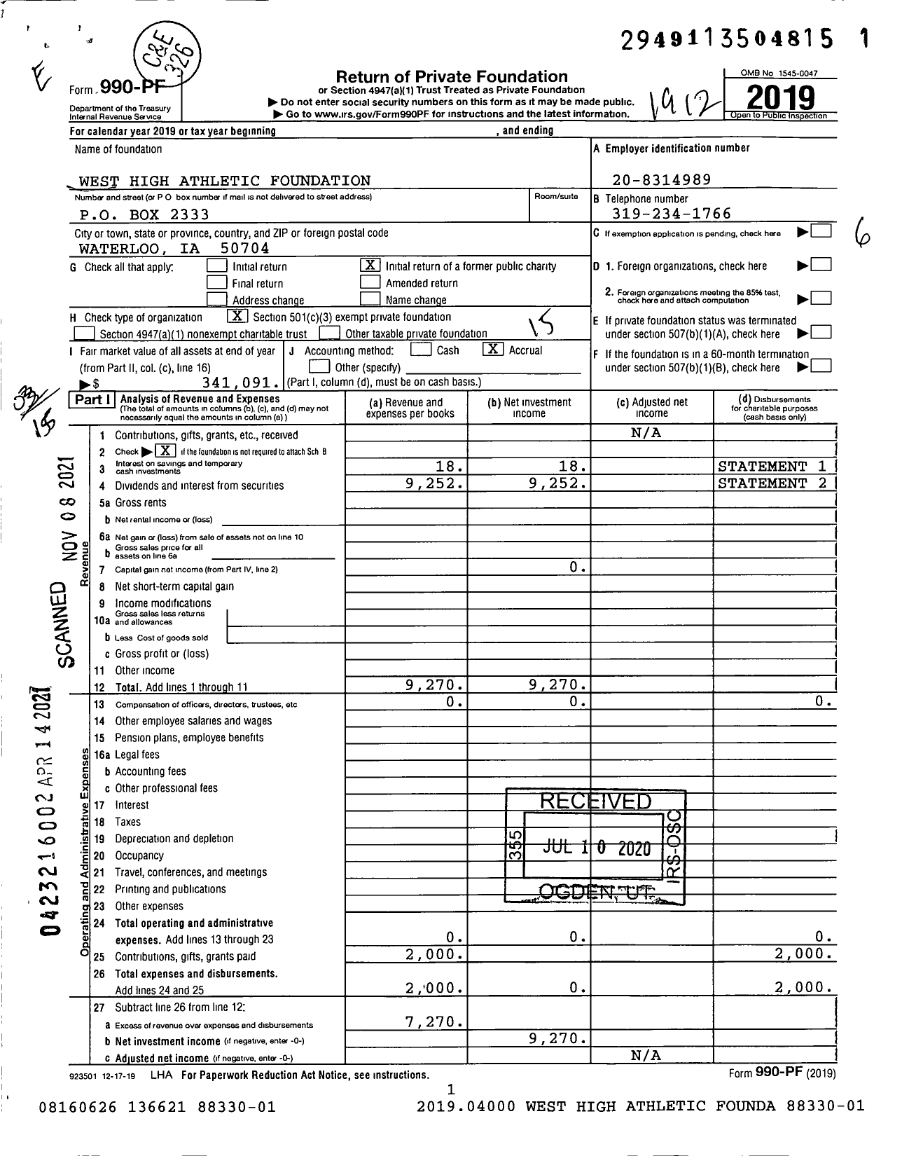 Image of first page of 2019 Form 990PF for West High Athletic Foundation