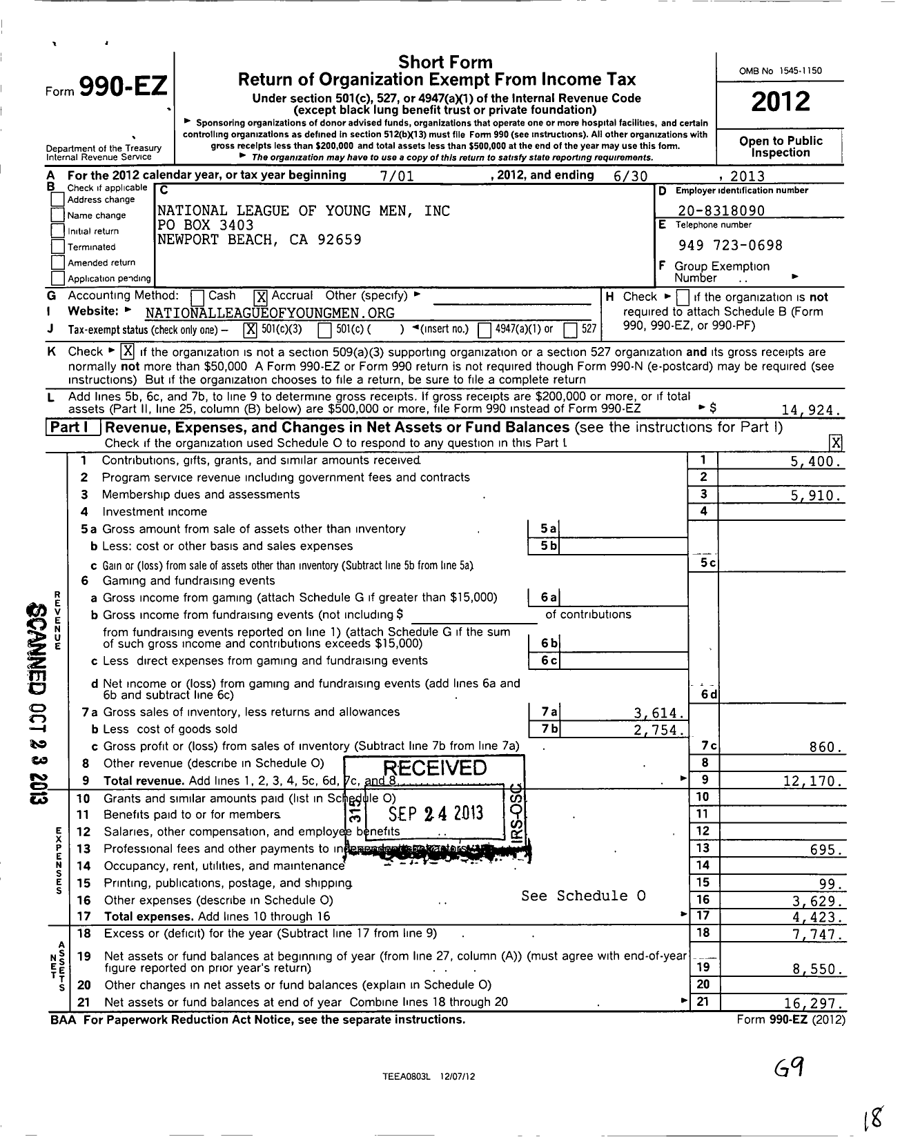 Image of first page of 2012 Form 990EZ for National League of Young Men