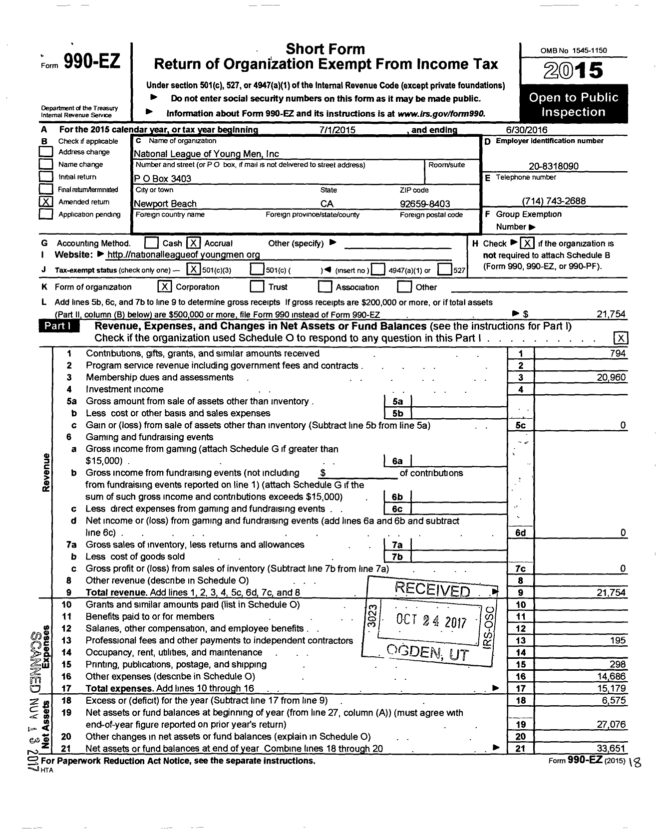 Image of first page of 2015 Form 990EZ for National League of Young Men