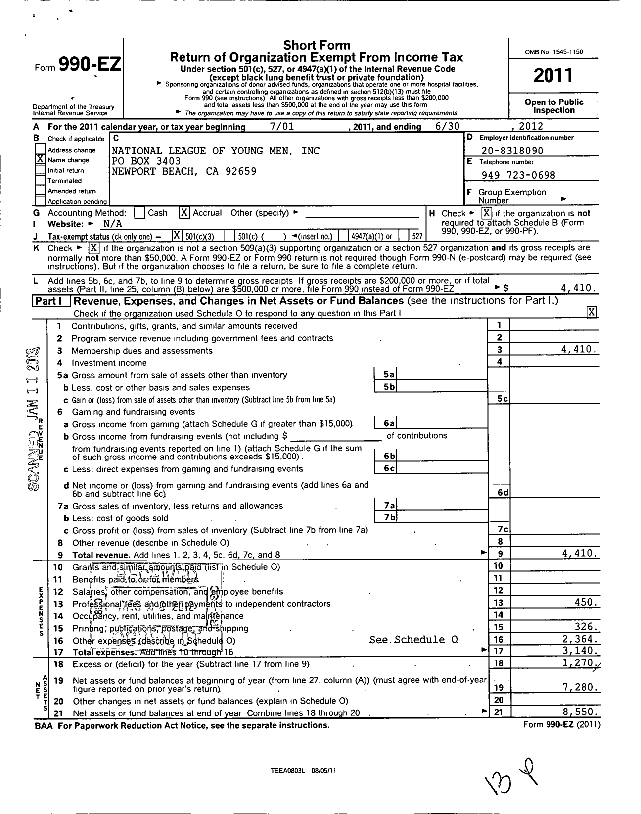 Image of first page of 2011 Form 990EZ for National League of Young Men