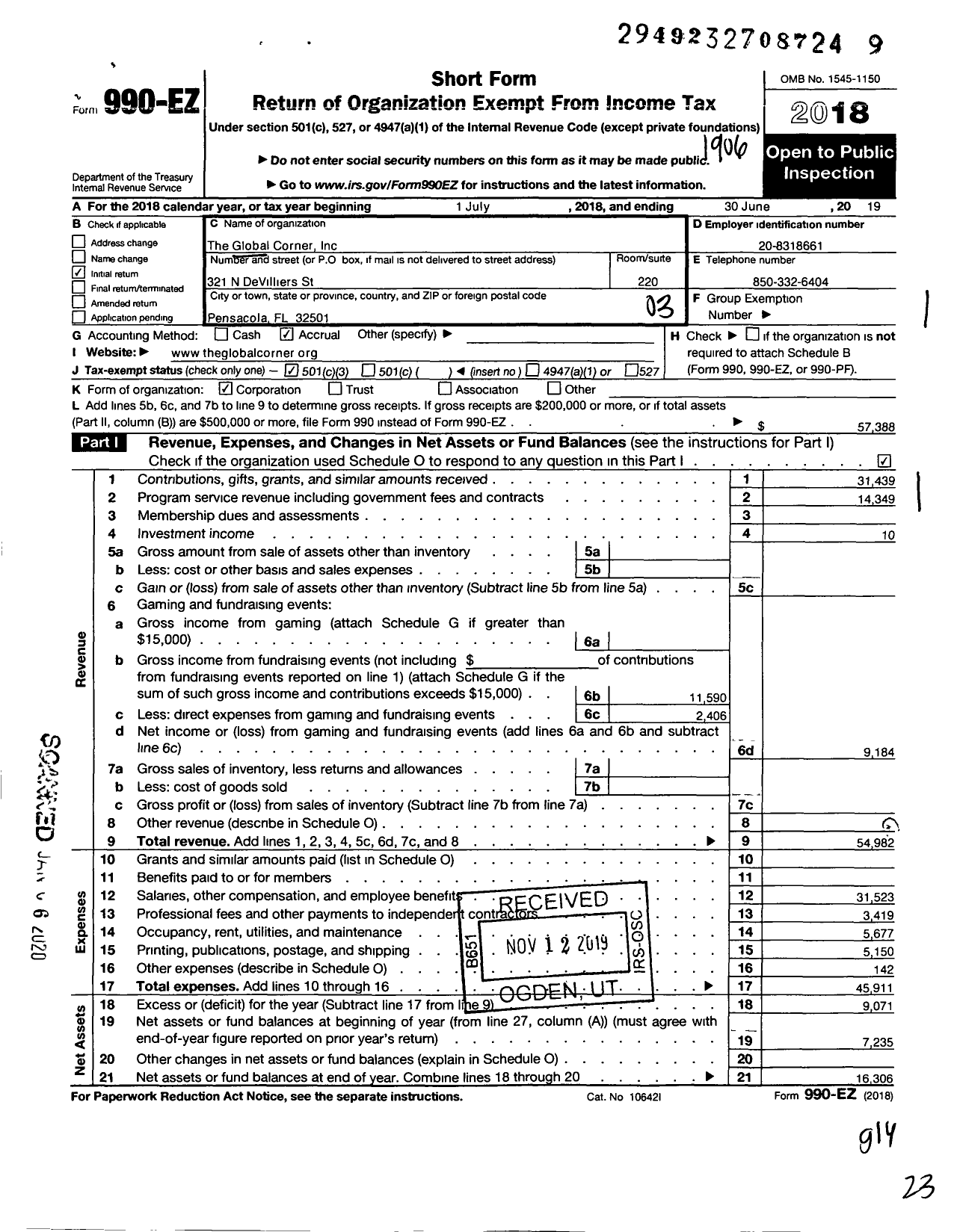 Image of first page of 2018 Form 990EZ for The Global Corner