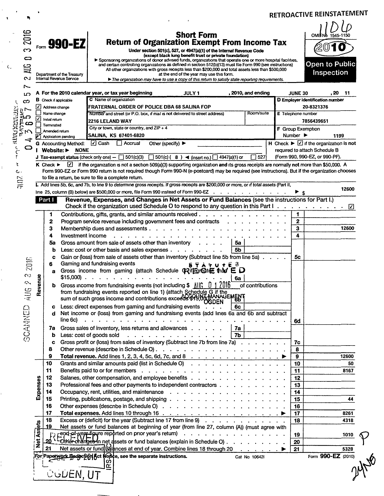 Image of first page of 2010 Form 990EO for Salina Fraternal Order of Police Lodge No 68