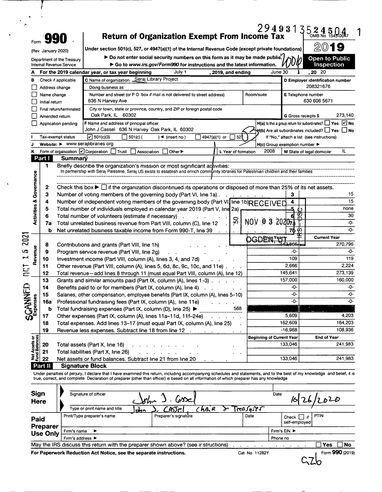 Image of first page of 2019 Form 990 for Seraj Library Project