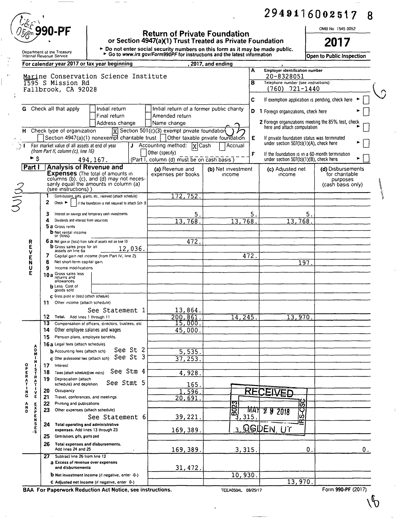 Image of first page of 2017 Form 990PF for Marine Conservation Science Institute