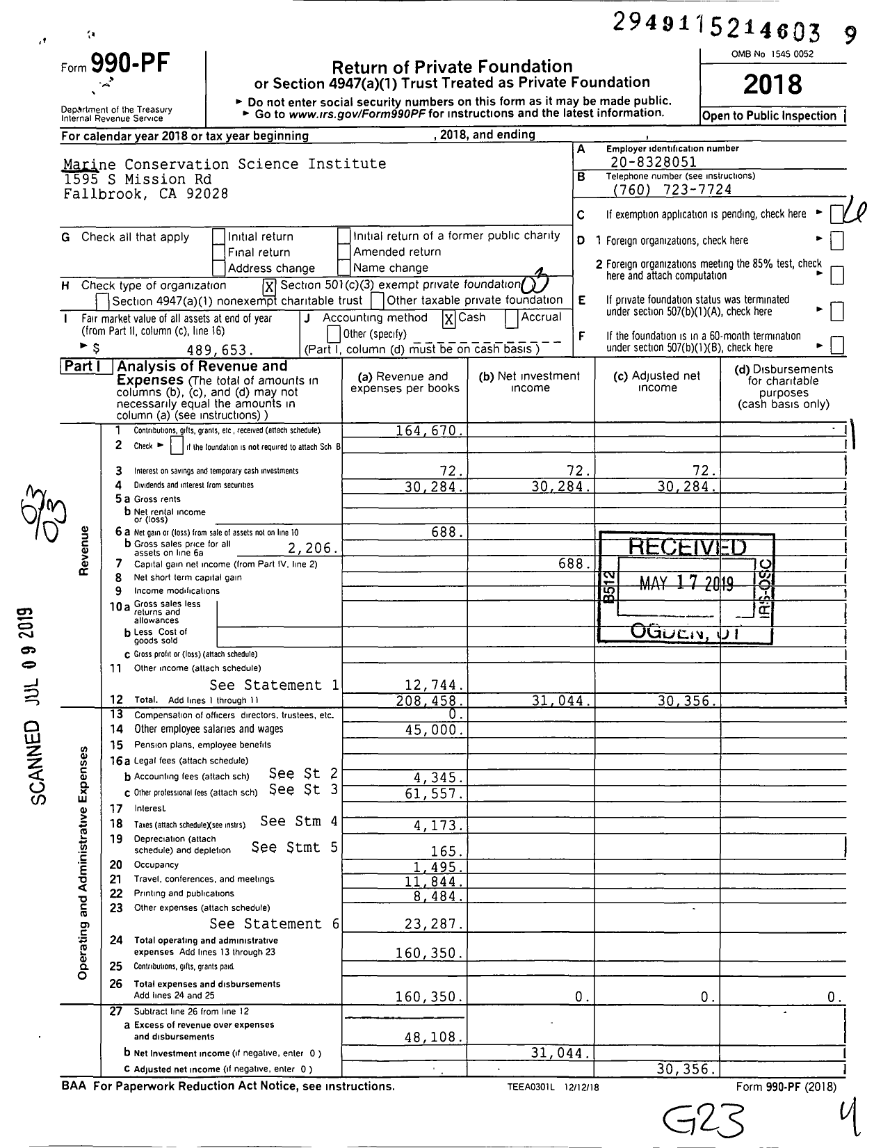 Image of first page of 2018 Form 990PF for Marine Conservation Science Institute