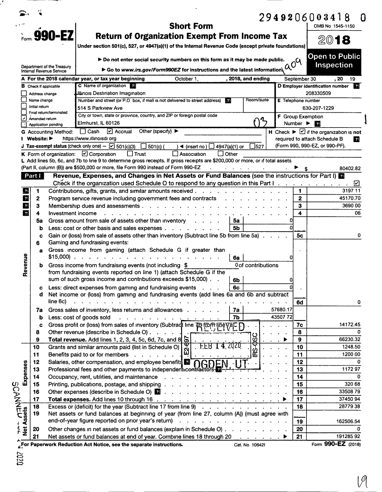 Image of first page of 2018 Form 990EZ for Illinois Destination Imagination NFP