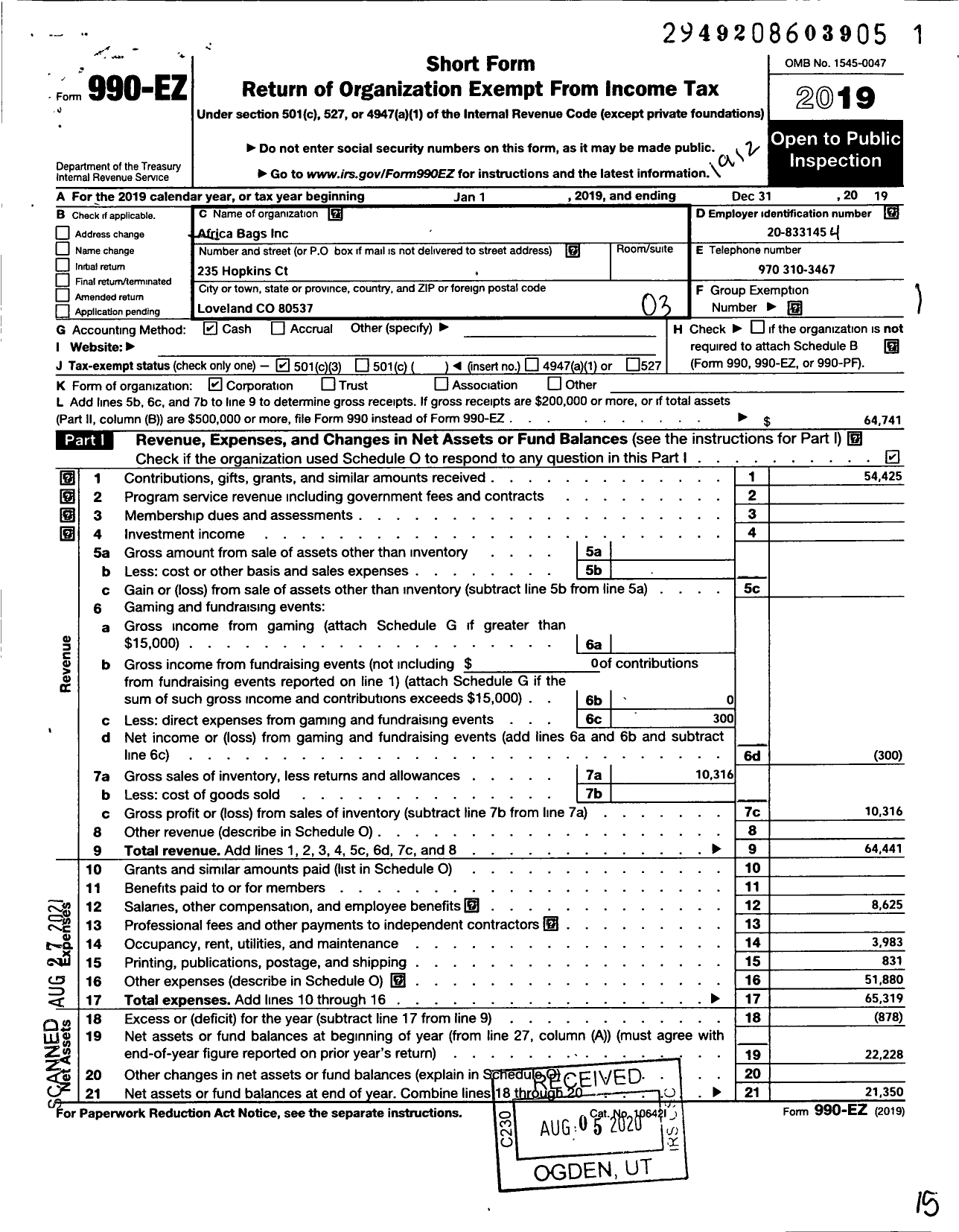 Image of first page of 2019 Form 990EZ for Africa Bags