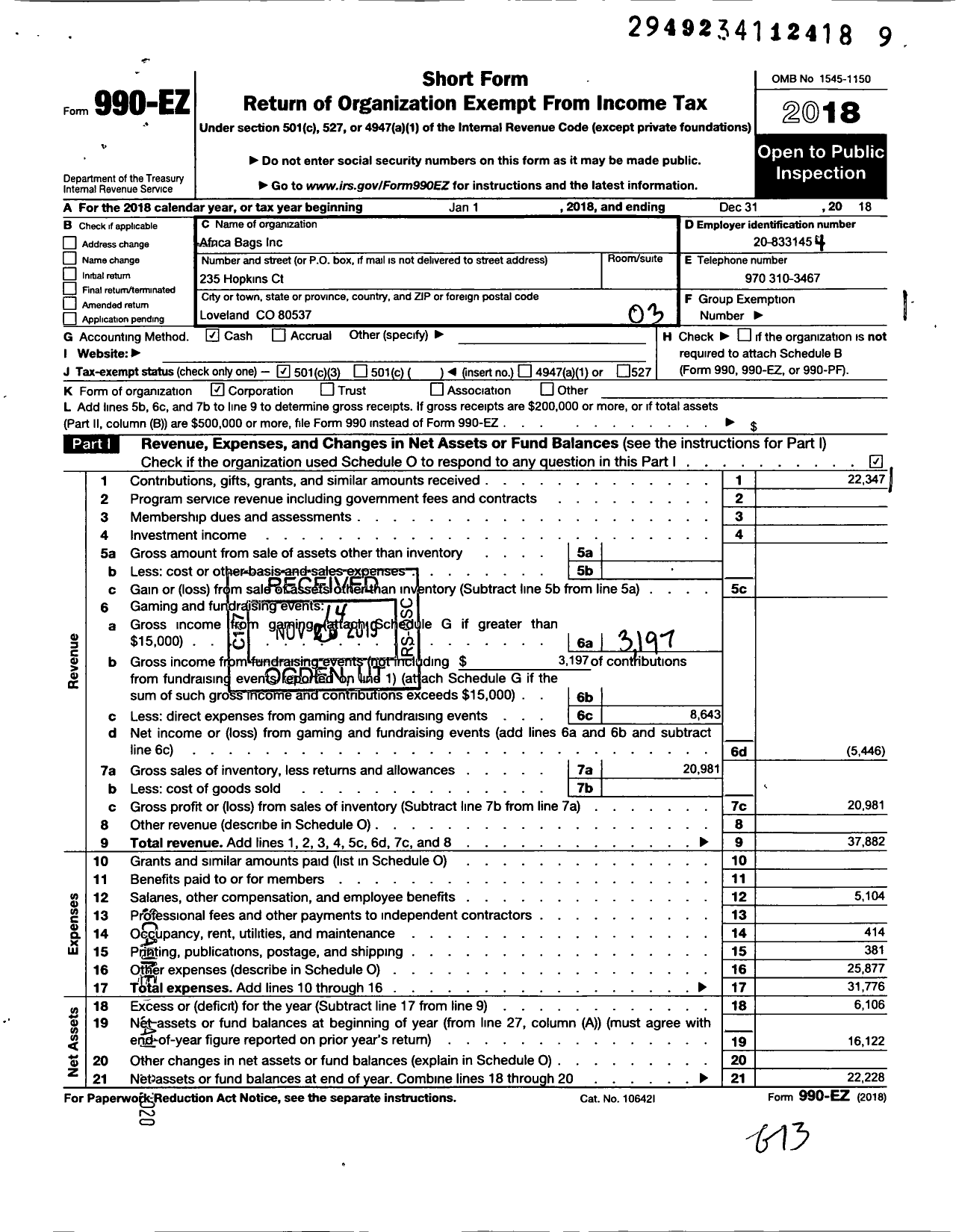 Image of first page of 2018 Form 990EZ for Africa Bags