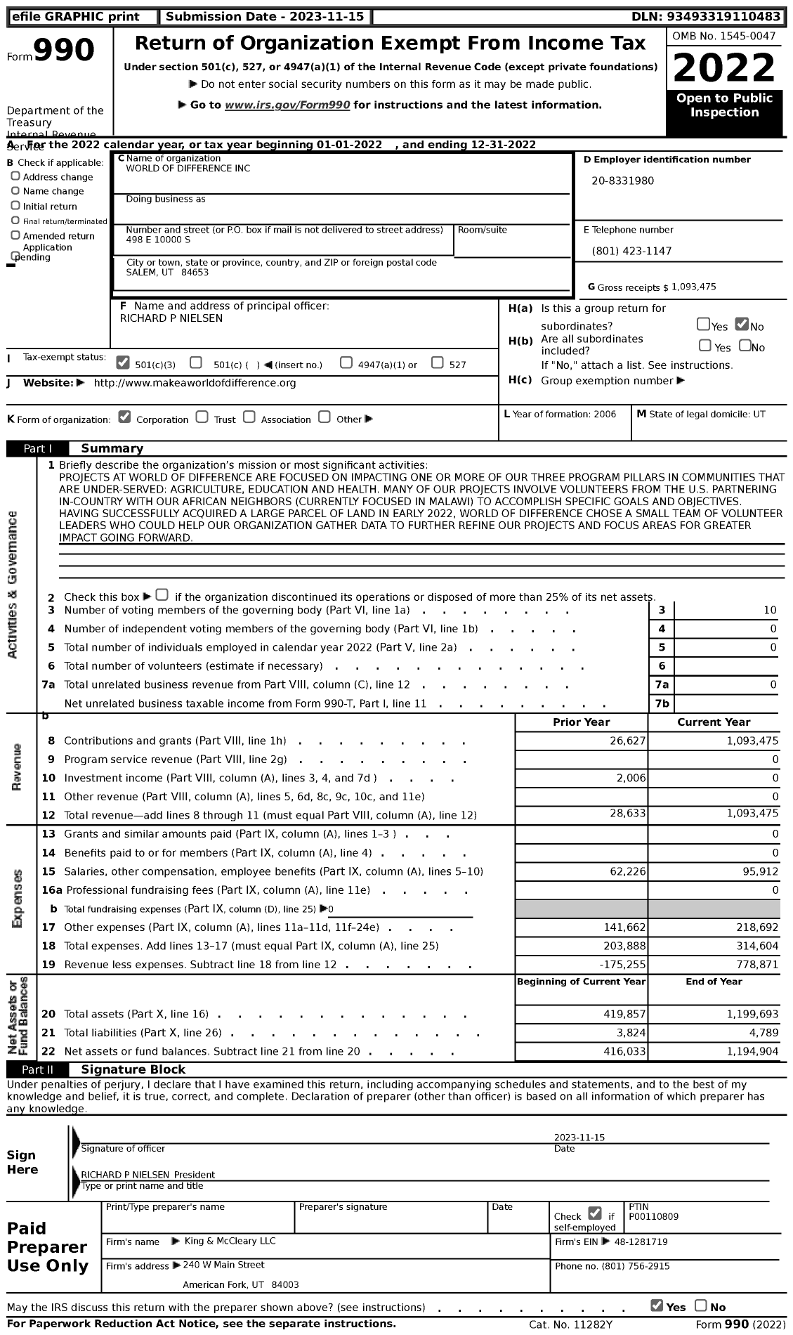 Image of first page of 2022 Form 990 for World of Difference