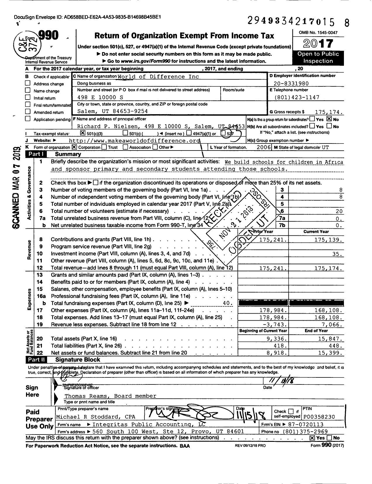 Image of first page of 2017 Form 990 for World of Difference
