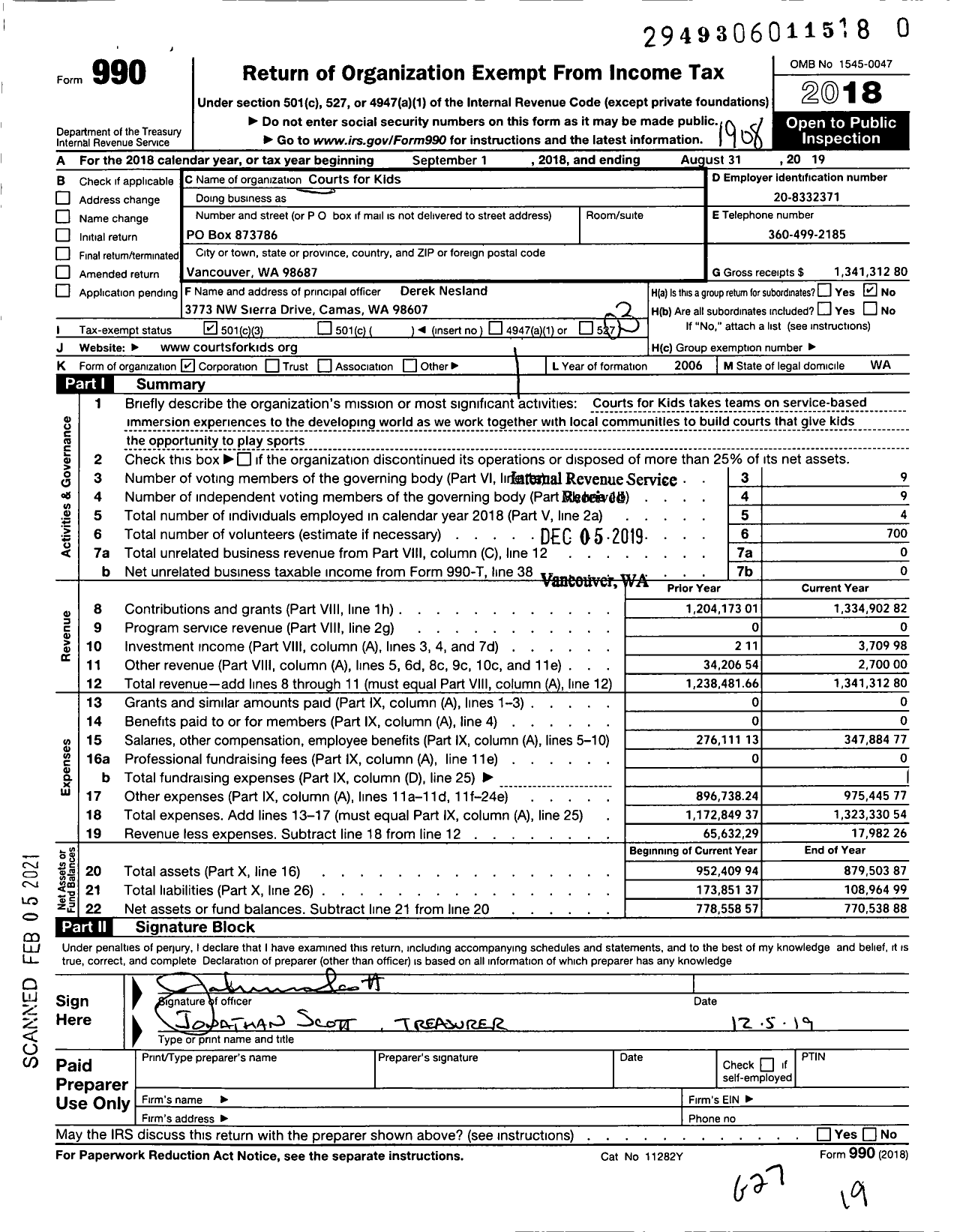 Image of first page of 2018 Form 990 for Courts for Kids